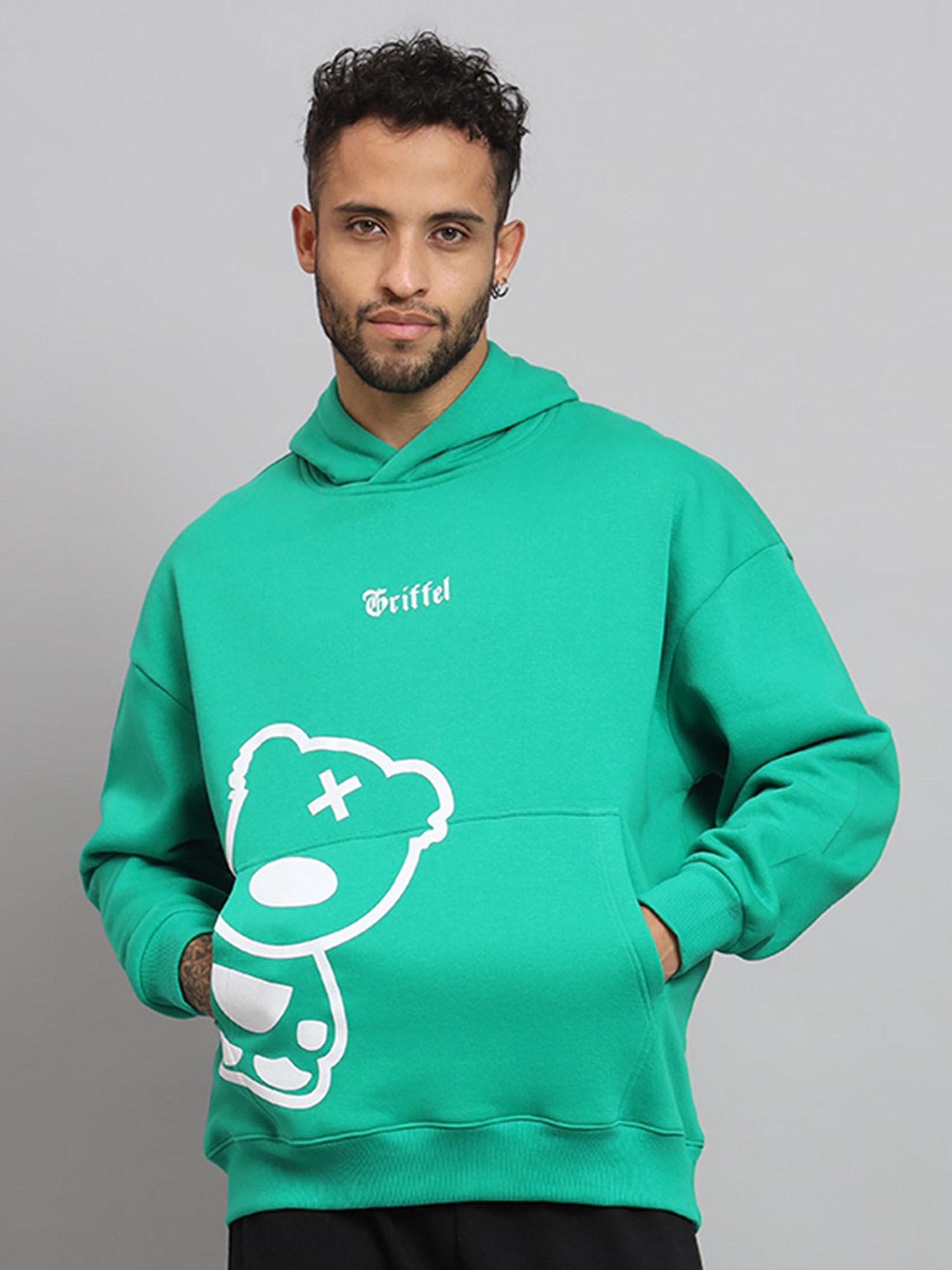 mens teddy logo oversized fleece hoodie bottle green sweatshirt