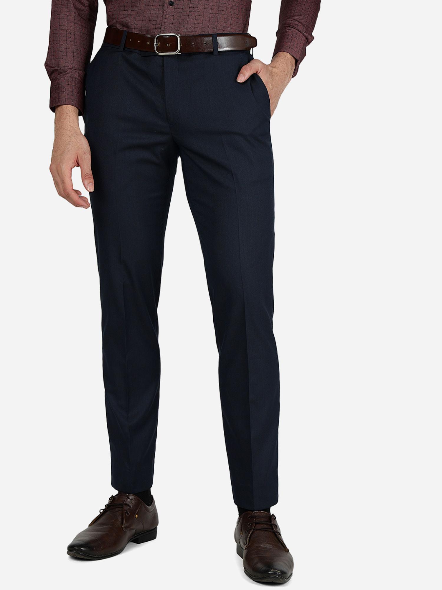 mens terry rayon solid navy blue slim fit formal trousers