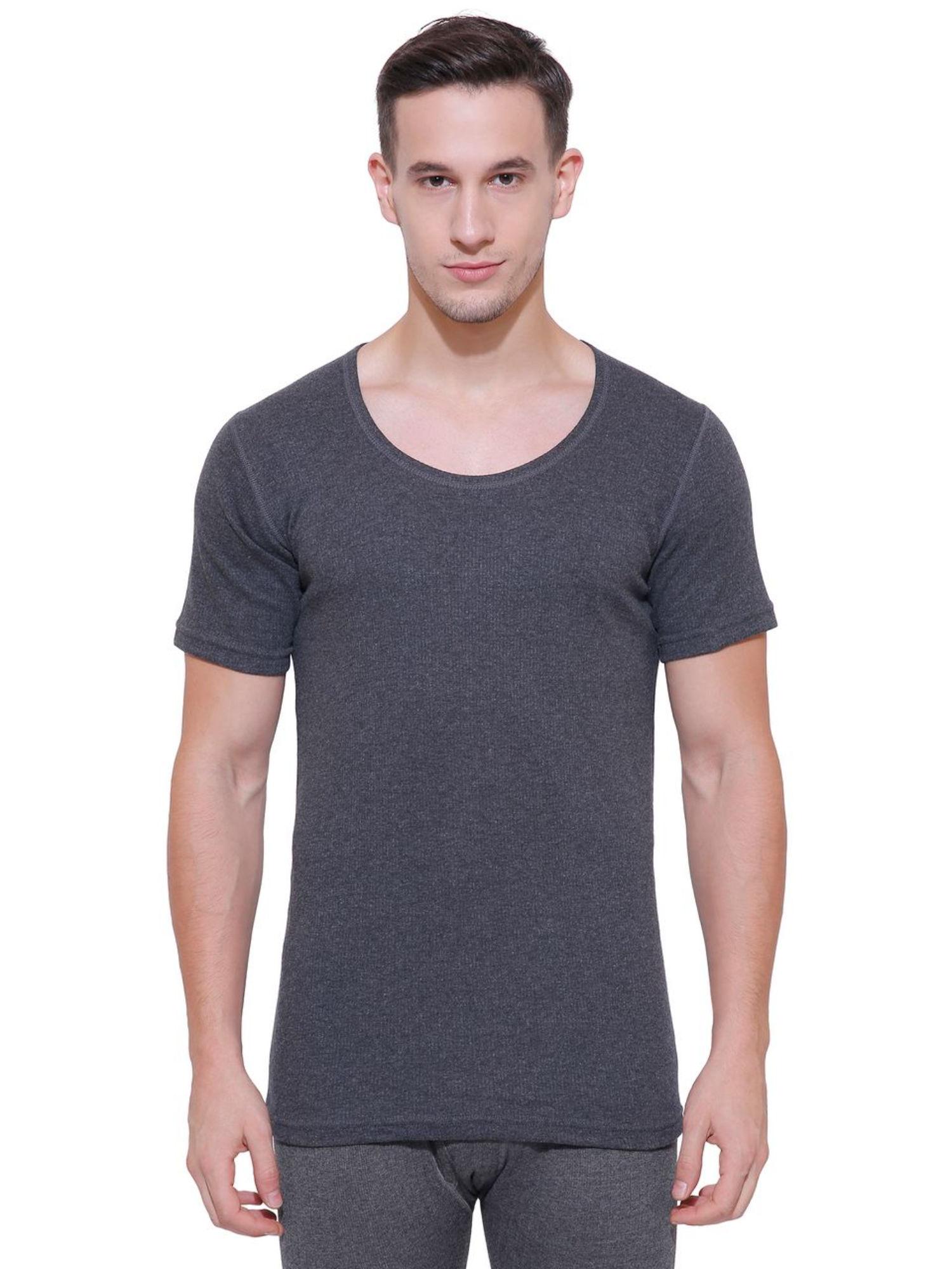 mens thermal top round neck half sleeves grey