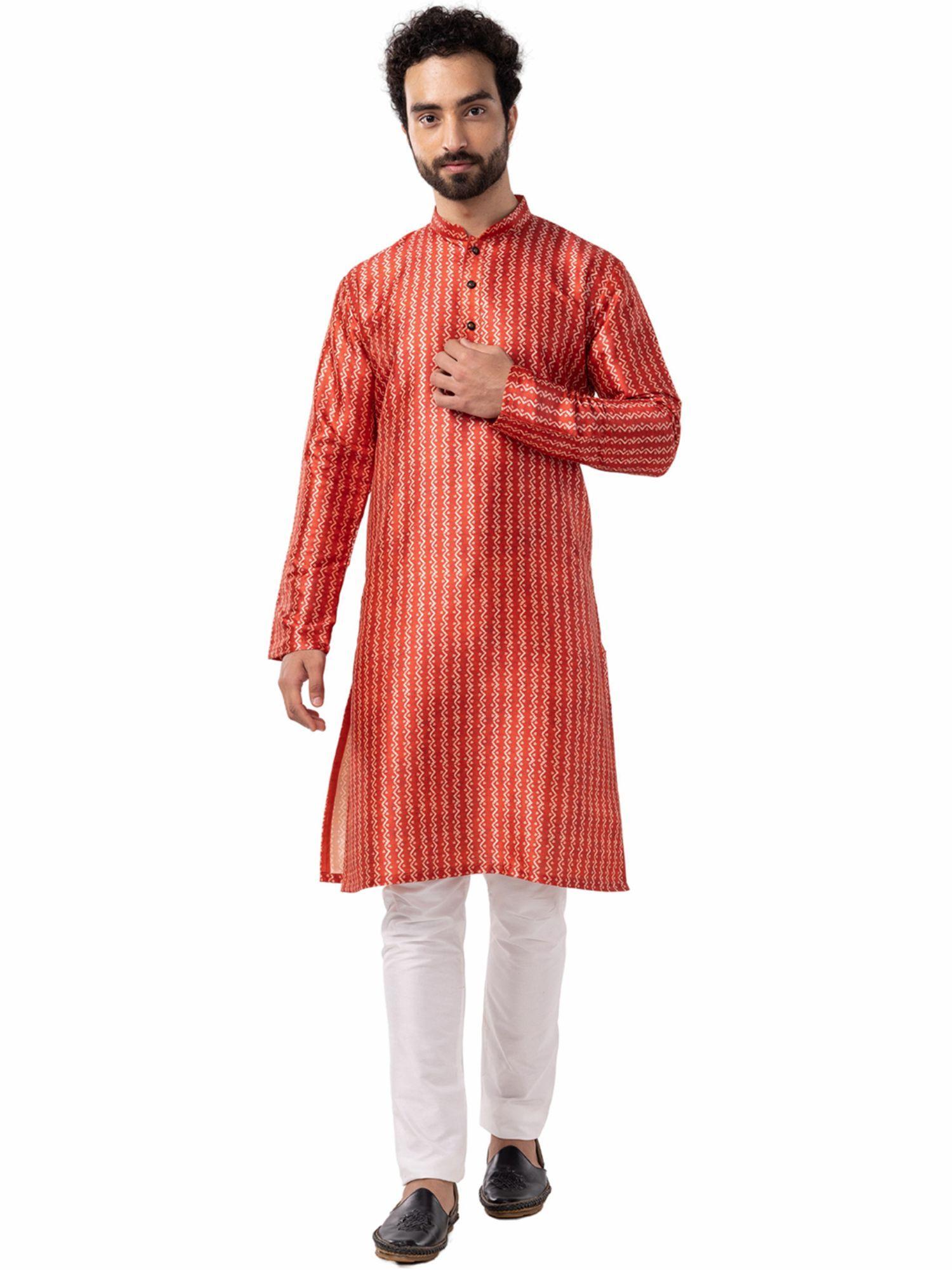 mens tomato red & cream silk blend comfort fit printed kurta