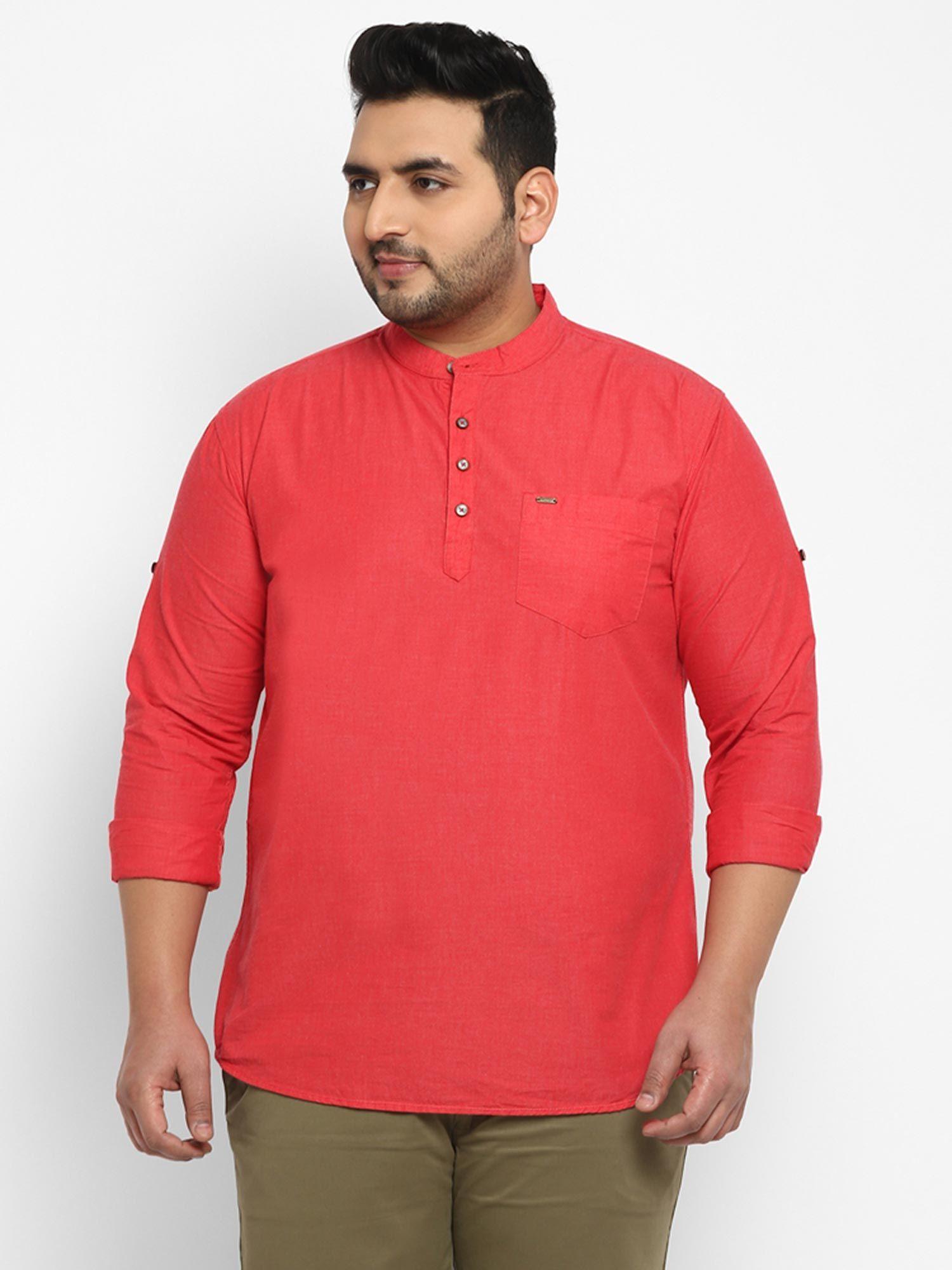 mens tomato red cotton full sleeve shirt with mandarin collar