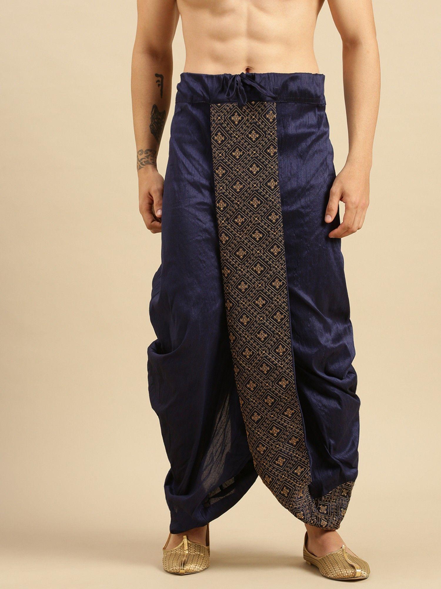 mens traditional blue coloured embroidered art silk dhoti