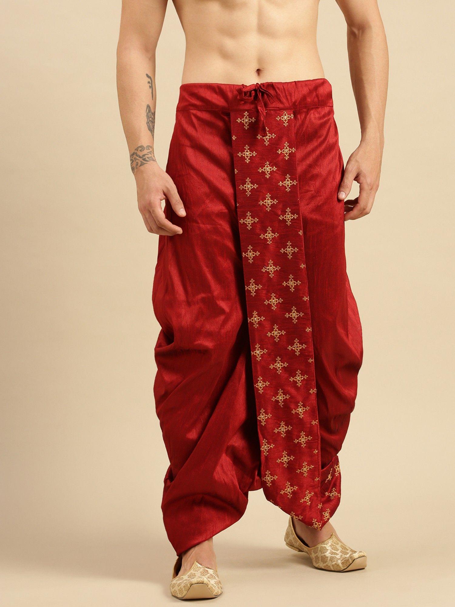 mens traditional red coloured embroidered art silk dhoti