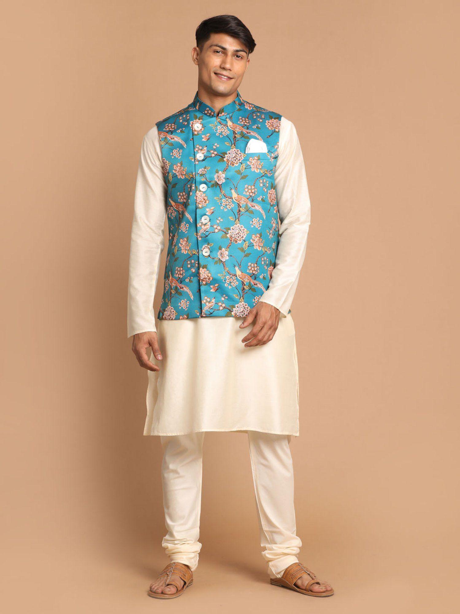 mens turquoise and cream viscose jacket - kurta and pyjama (set of 3)