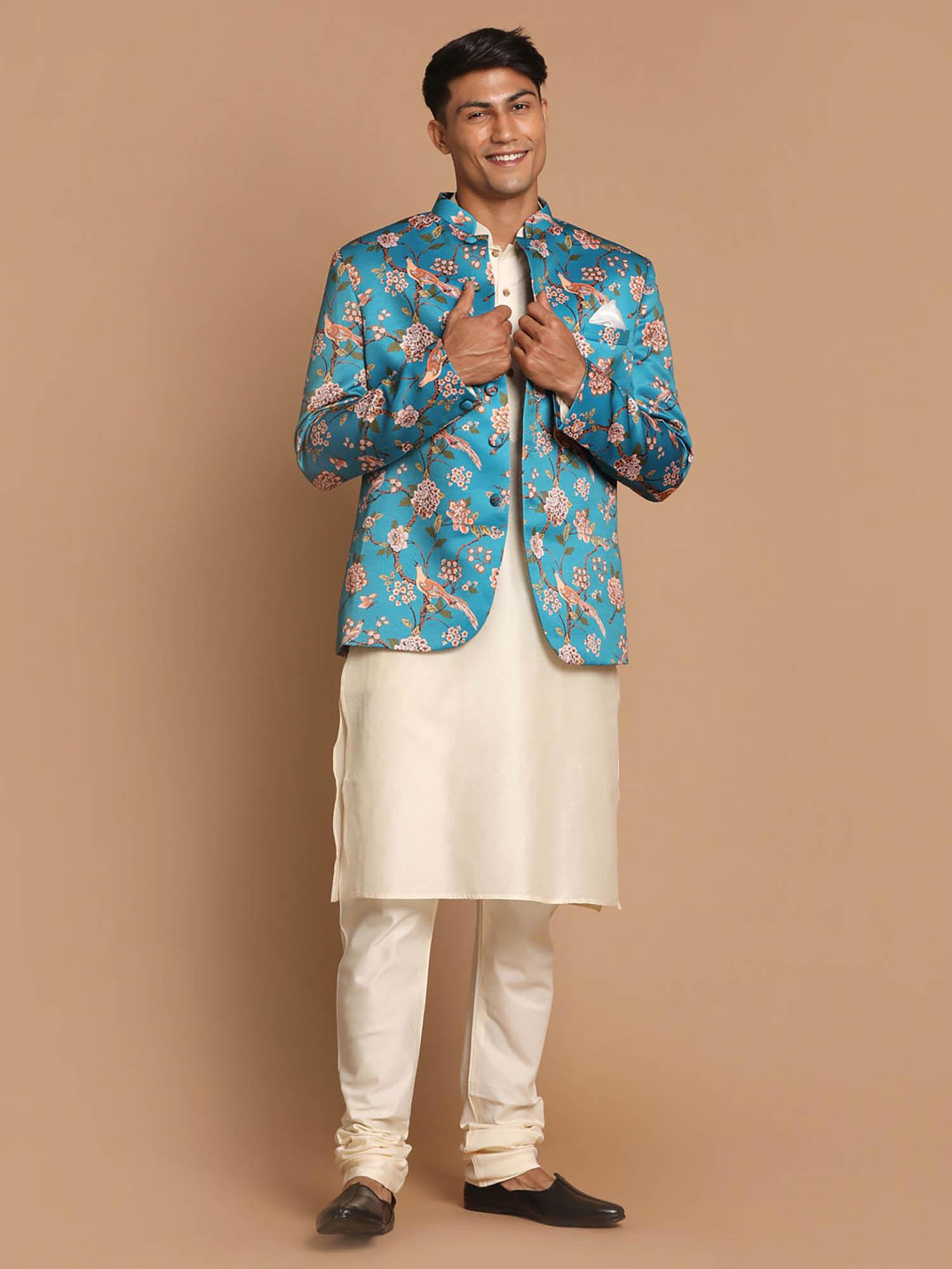 mens turquoise blue cream viscose ethnic jacket kurta and pyjama (set of 3)