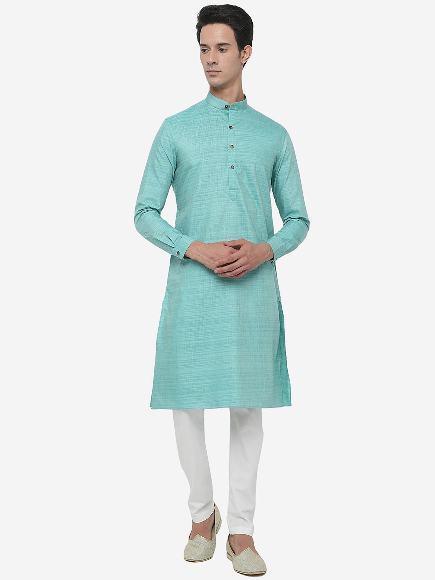mens turquoise cotton blend regular fit self-textured modi kurta