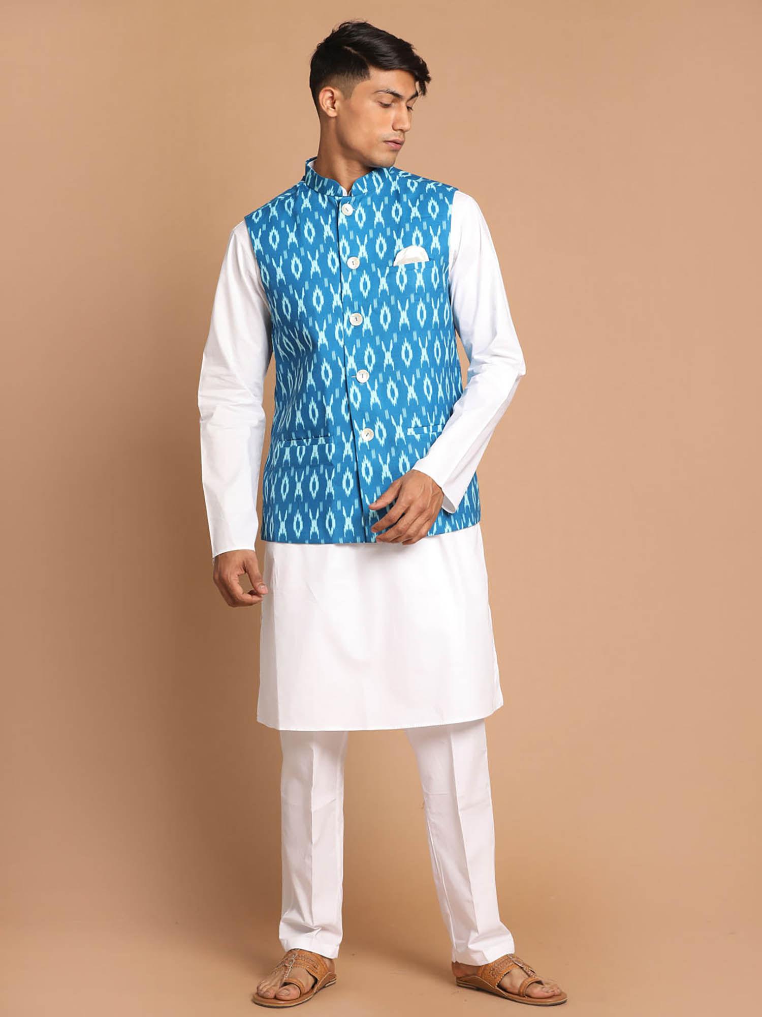 mens turquoise with white pure cotton jacket kurta and pyjama (set of 3)