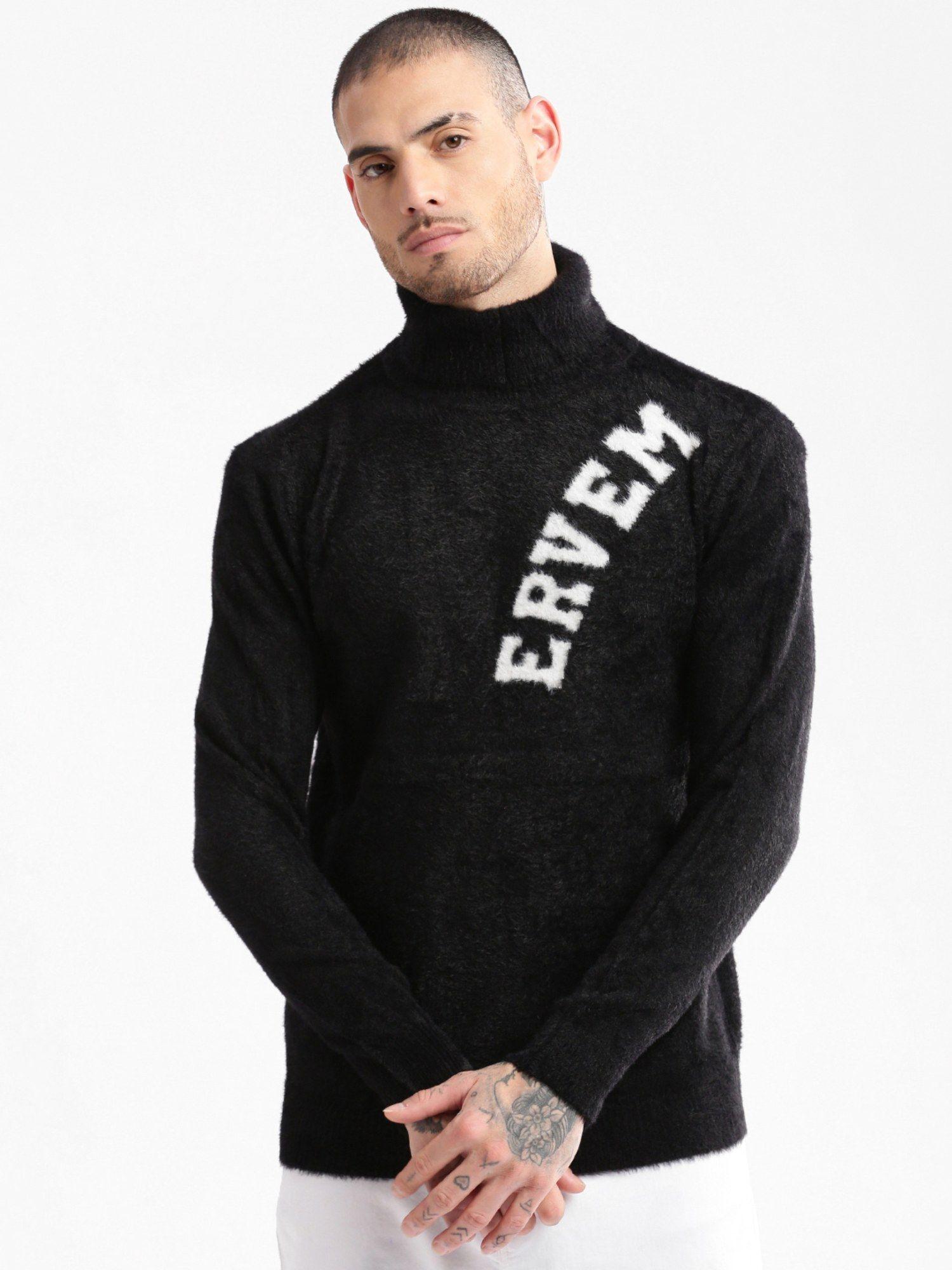 mens turtle neck long sleeves self design black pullover