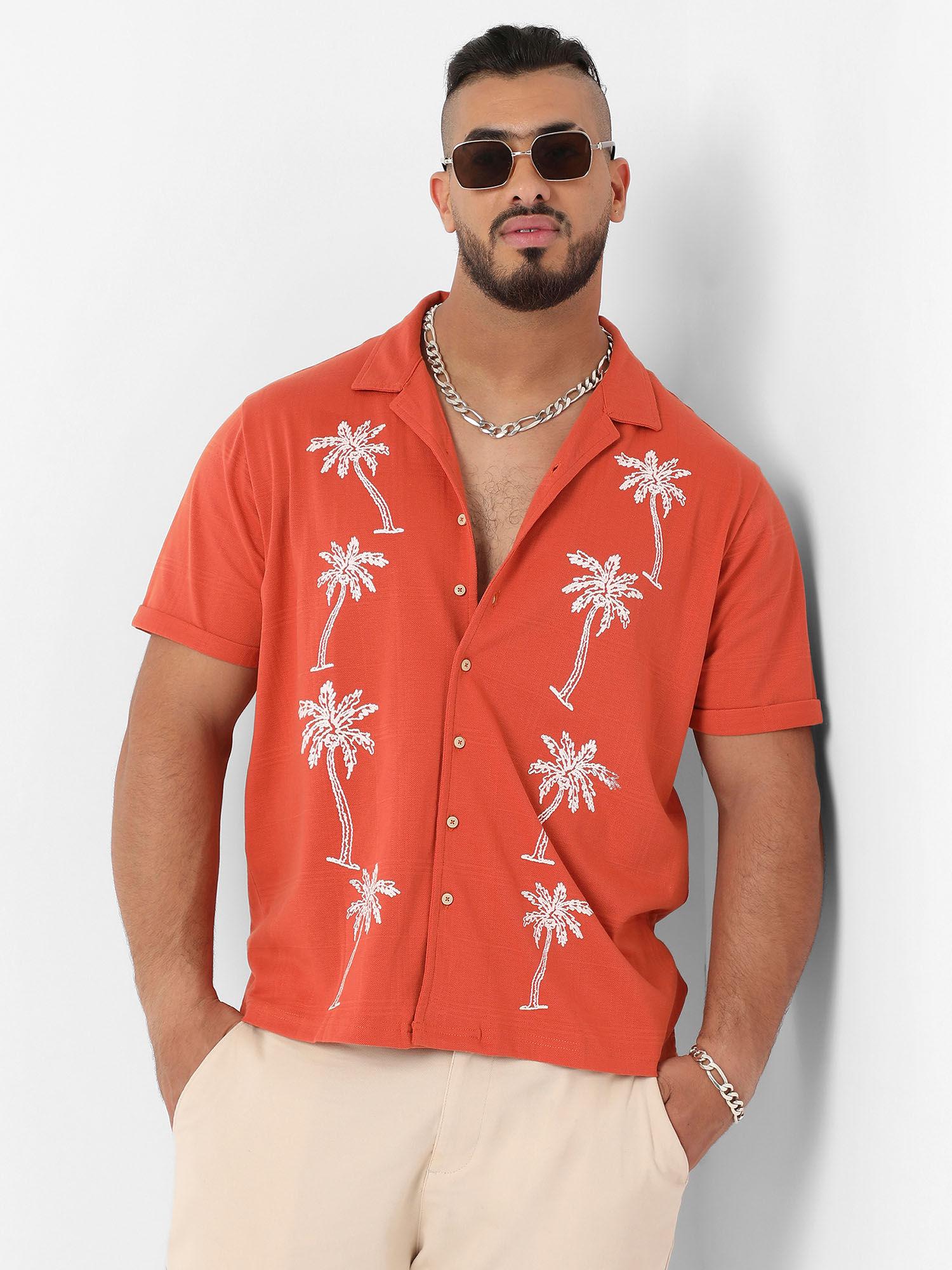 mens vermillion orange palm tree knit shirt