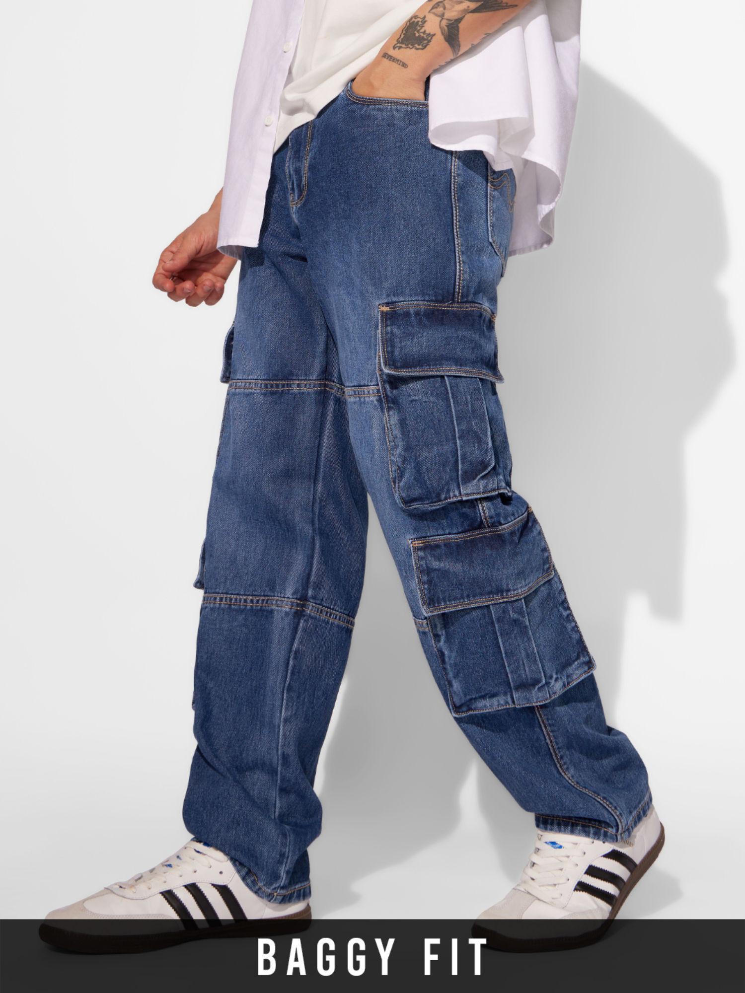 mens washed blue cargo pockets jeans