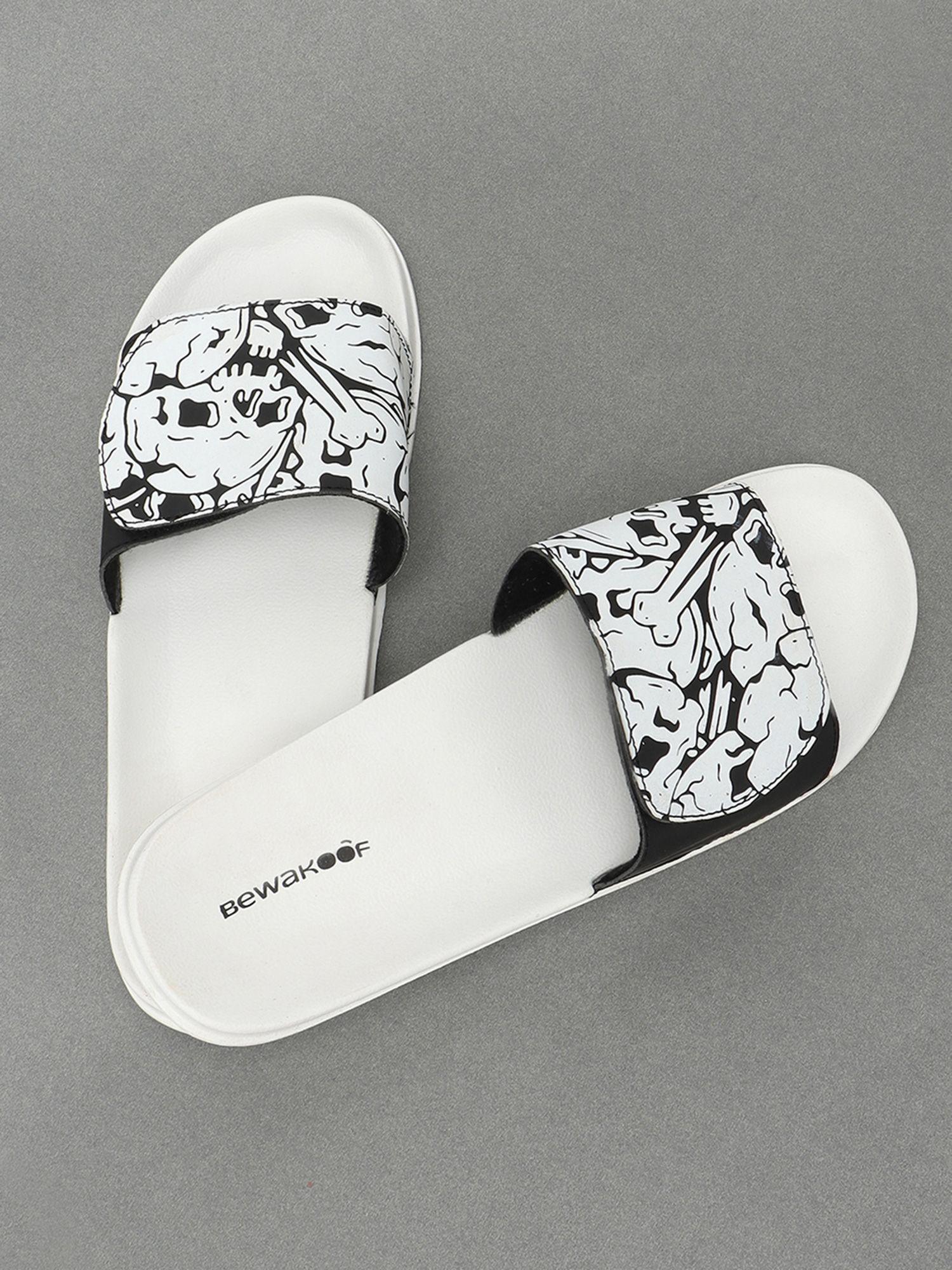 mens white & black grunge skull velcro sliders