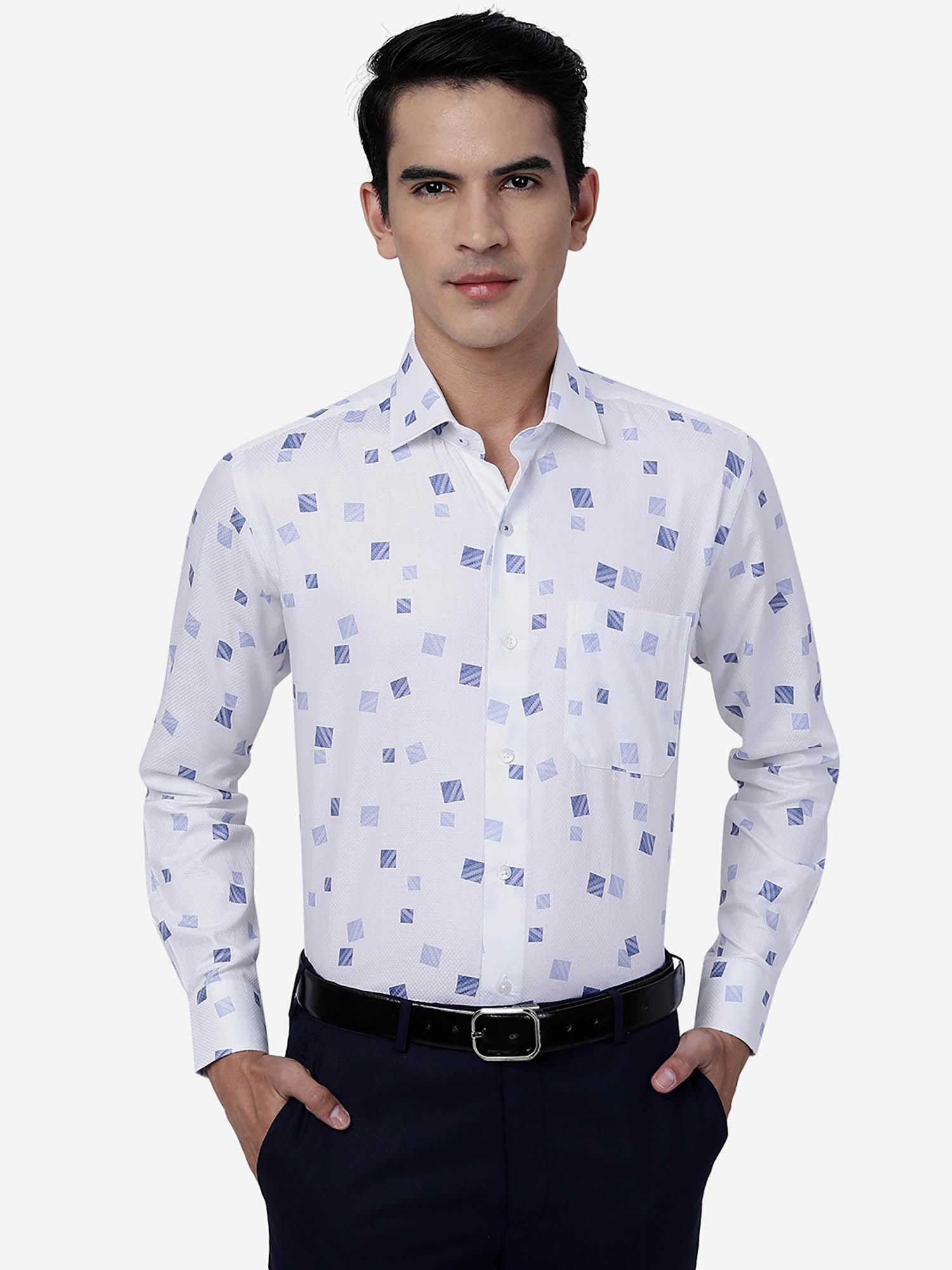 mens white & blue 100% cotton slim fit printed formal shirt