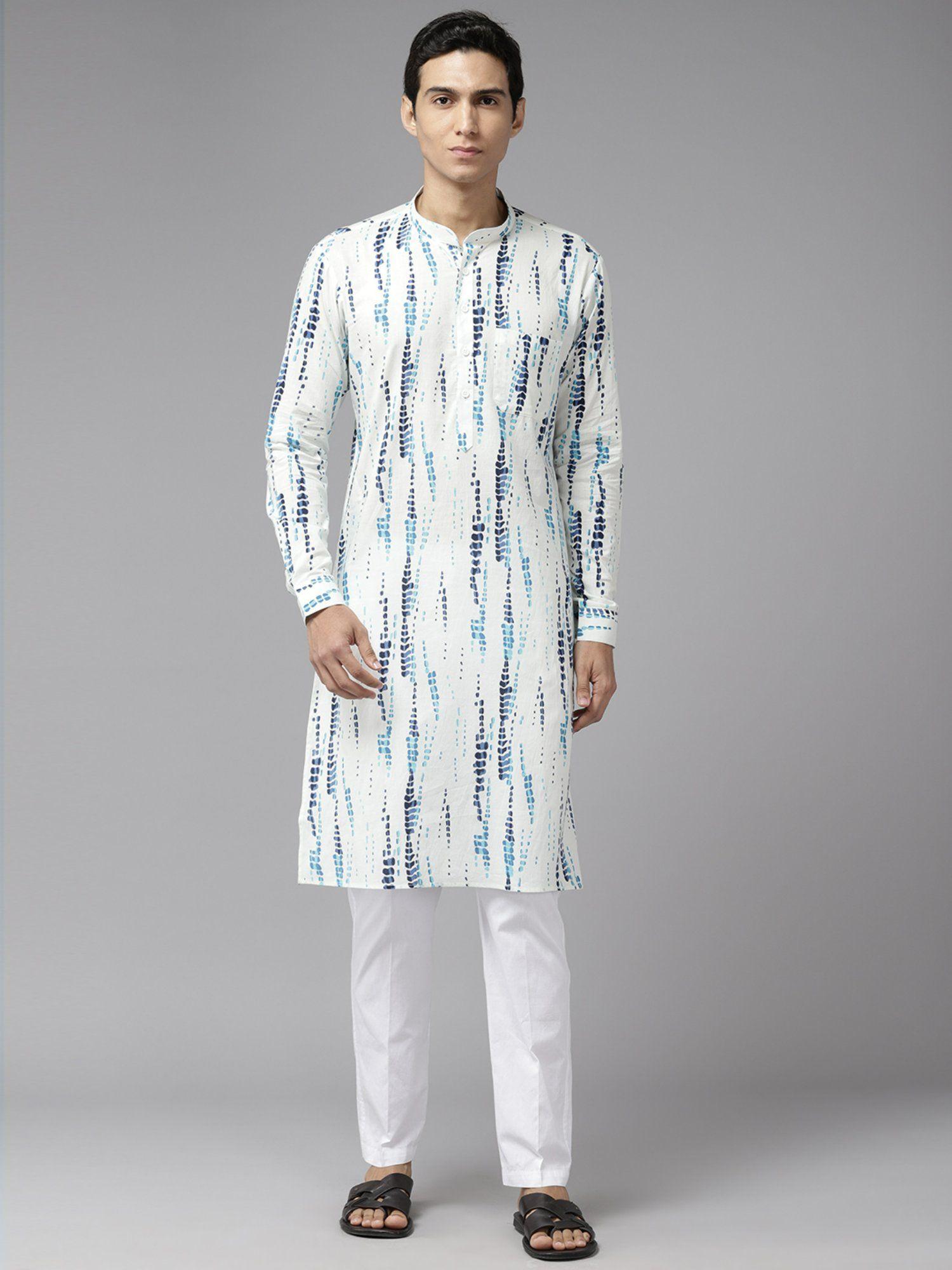 mens white & blue pure cotton printed straight kurta with pyjama (set of 2)