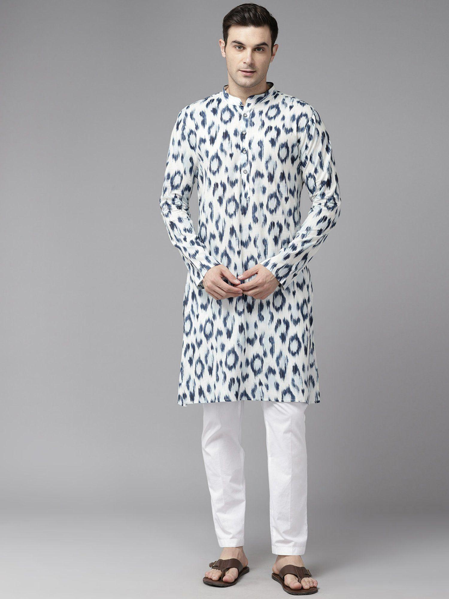 mens white & blue pure cotton printed straight kurta with pyjama (set of 2)
