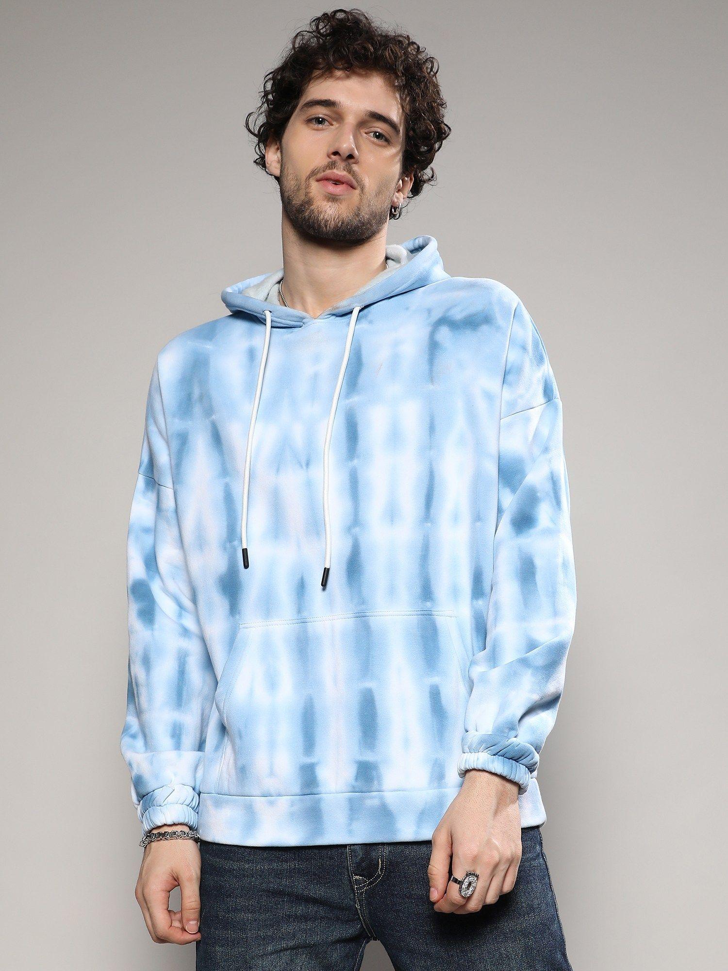 mens white & blue tie dye hoodie with kangaroo pocket