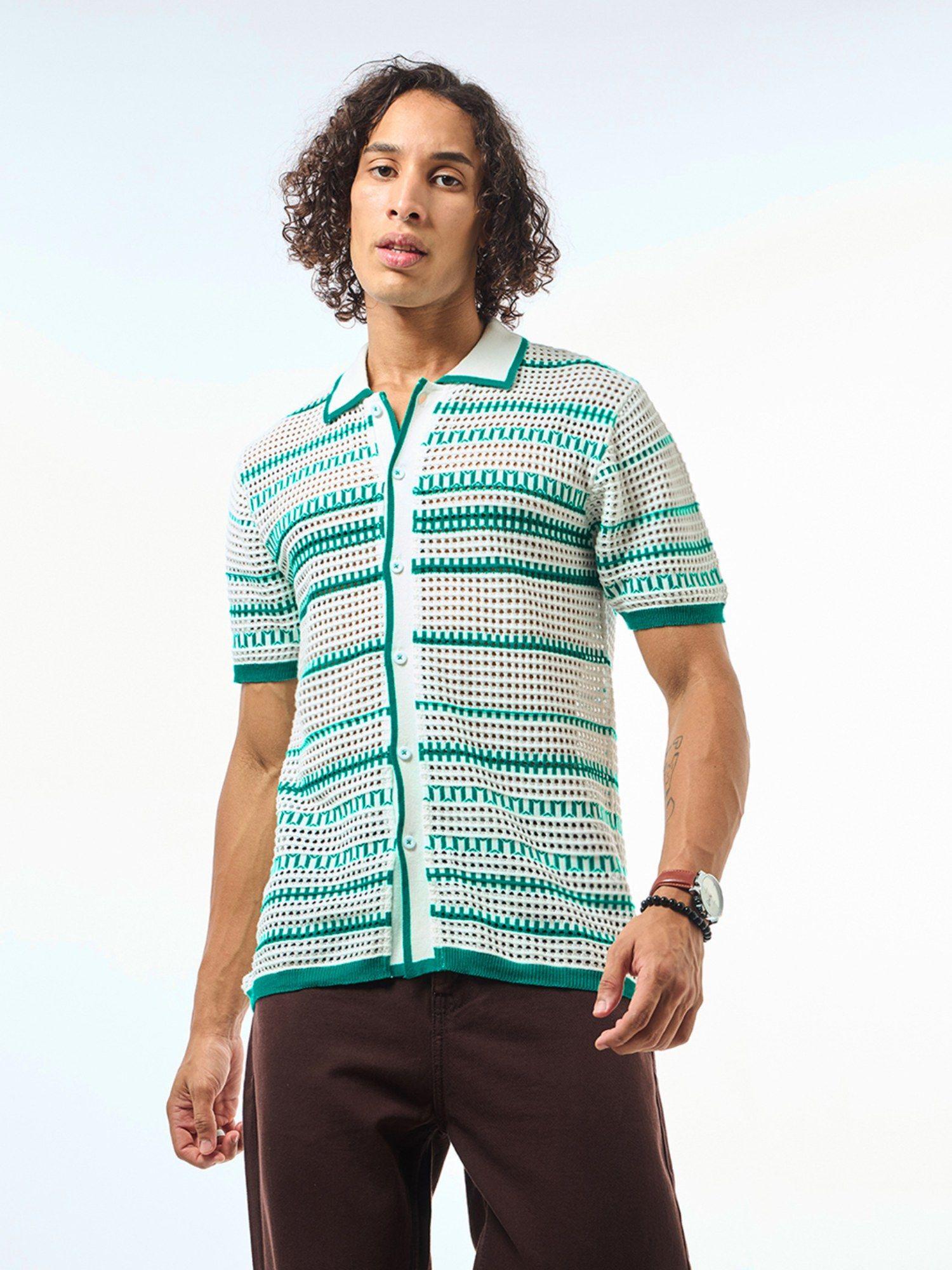 mens white & green striped shirt