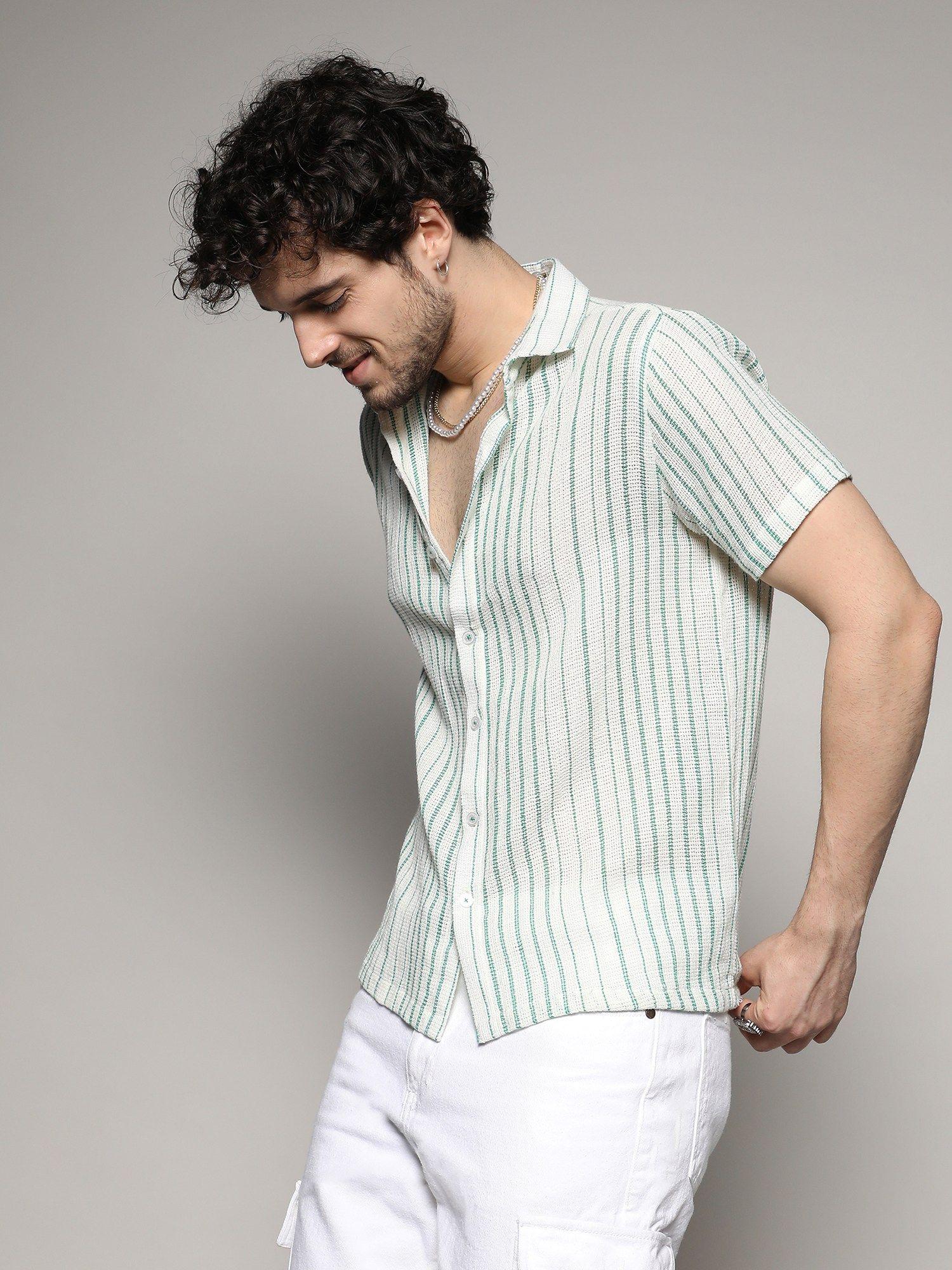 mens white & green unbalanced striped woven shirt
