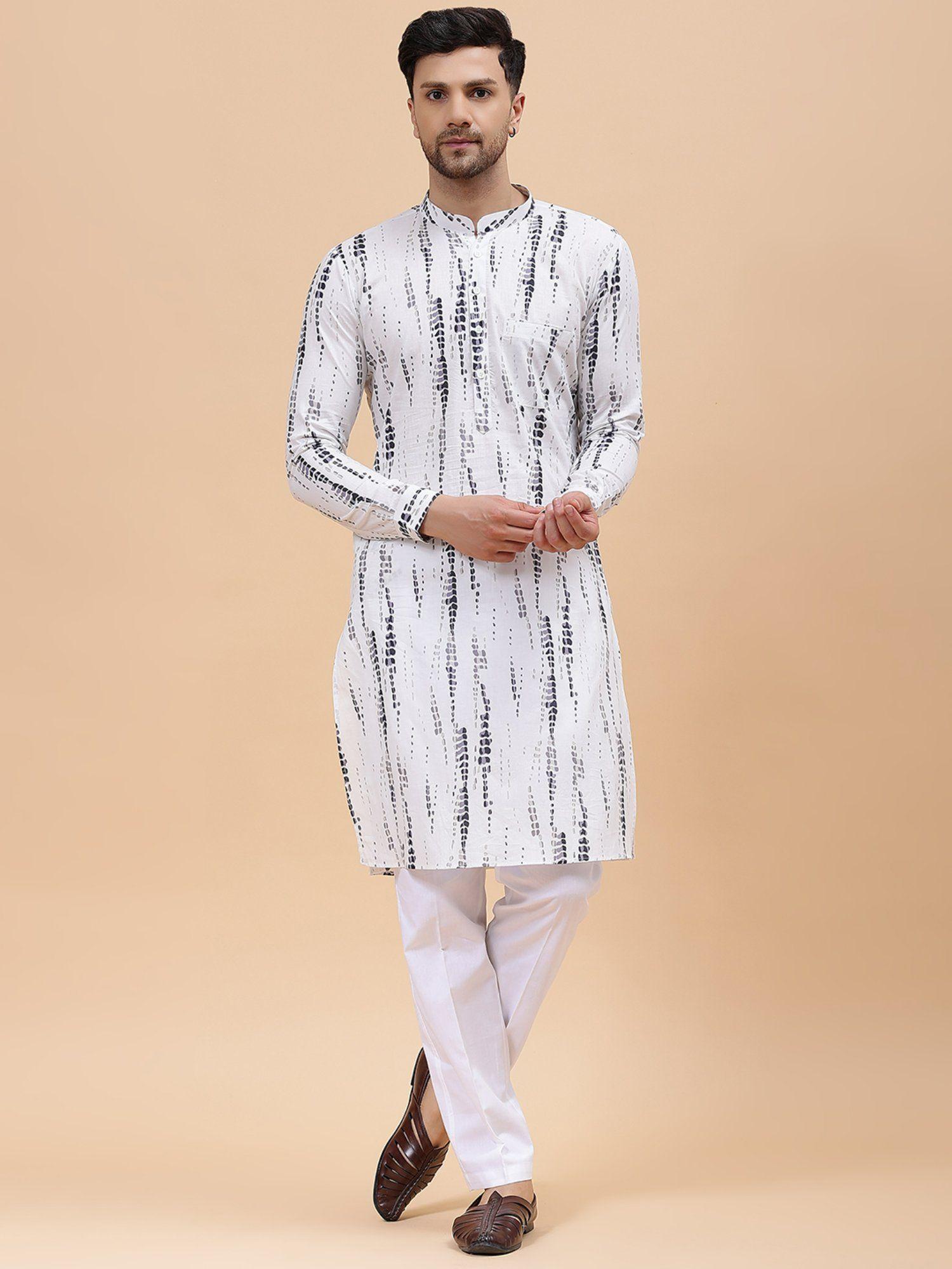 mens white & grey pure cotton printed straight kurta with pyjama (set of 2)