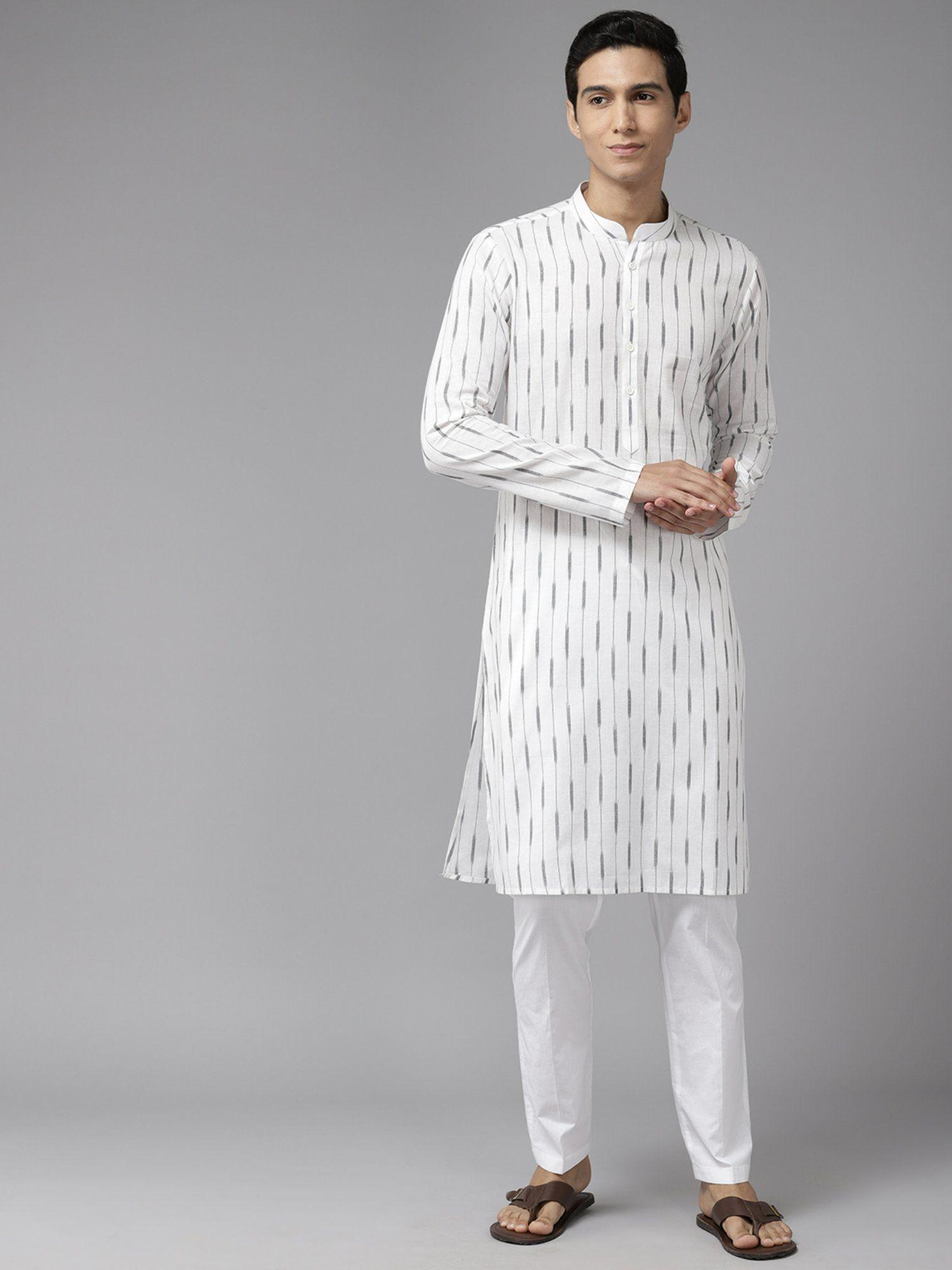 mens white & grey pure cotton printed straight kurta with pyjama (set of 2)