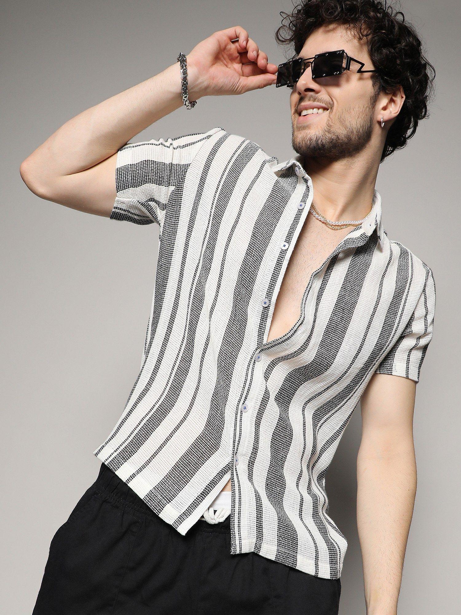 mens white & grey unbalanced striped woven shirt