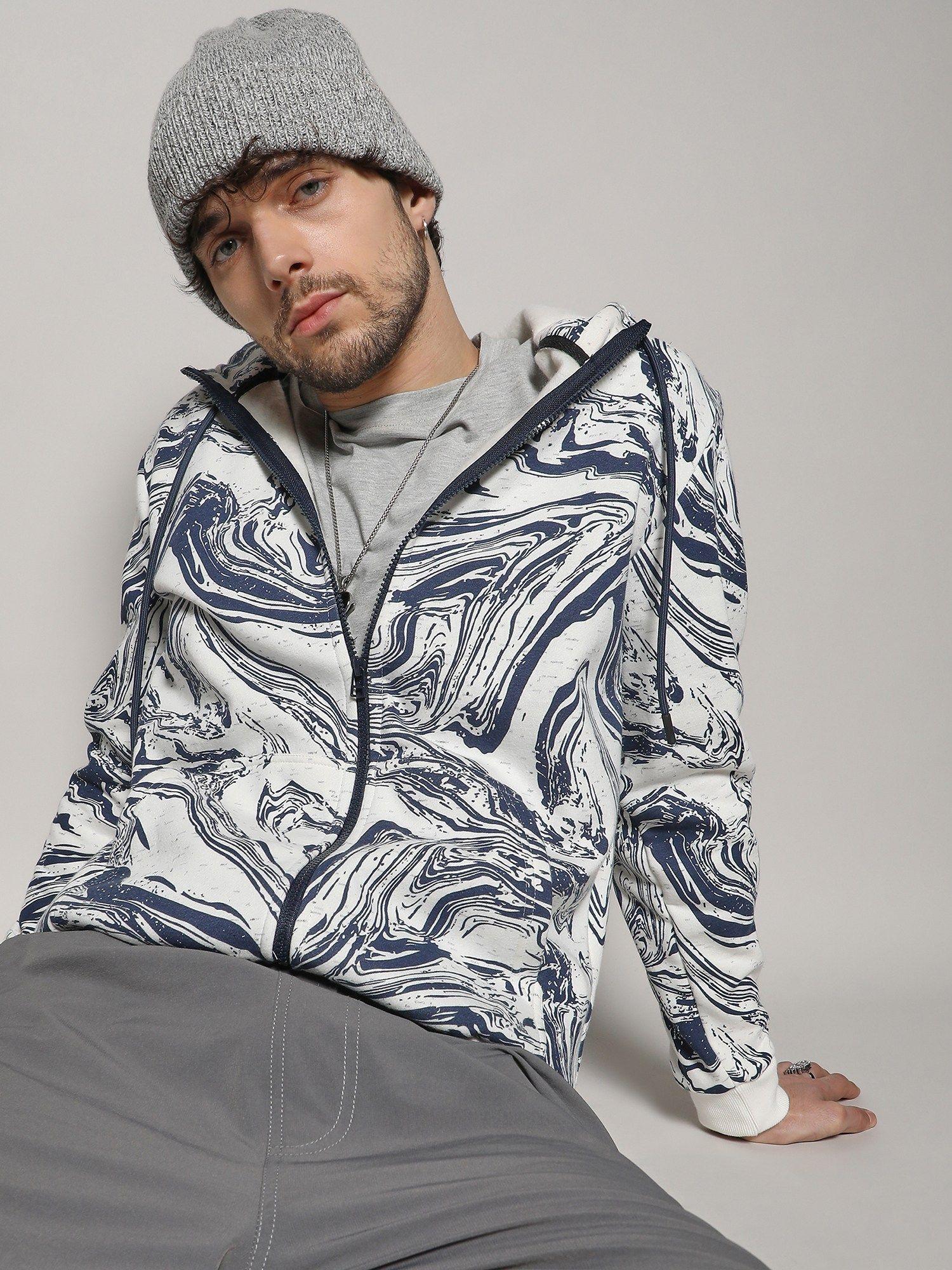 mens white & indigo blue contrast fluid zip front hoodie