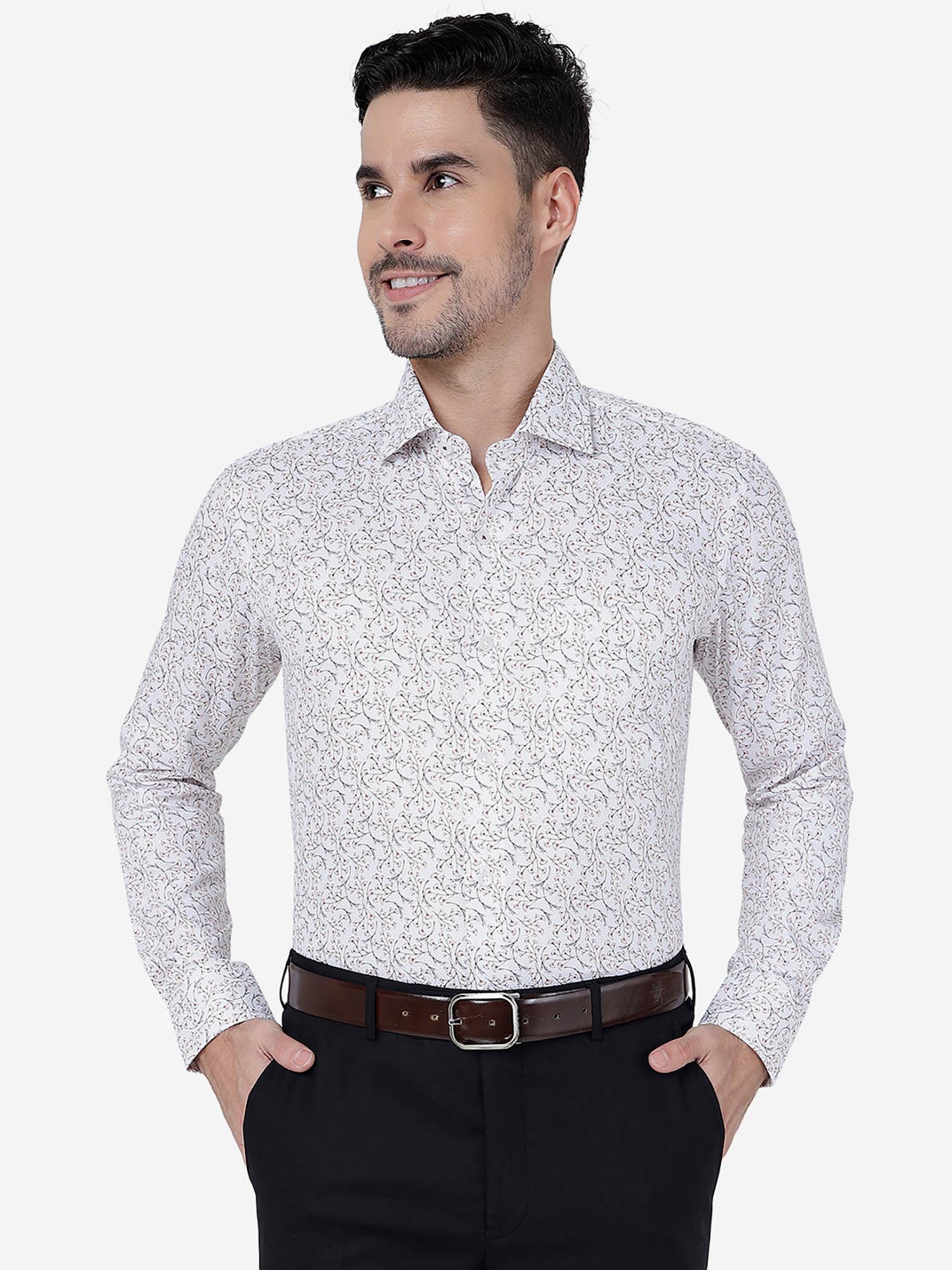 mens white & maroon 100% cotton slim fit printed formal shirt