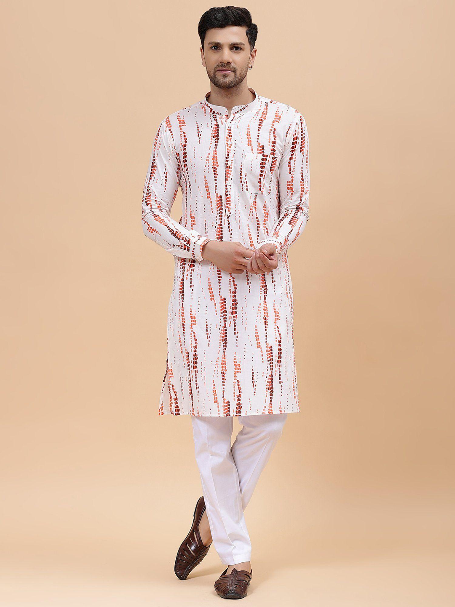 mens white & orange pure cotton printed straight kurta with pyjama (set of 2)