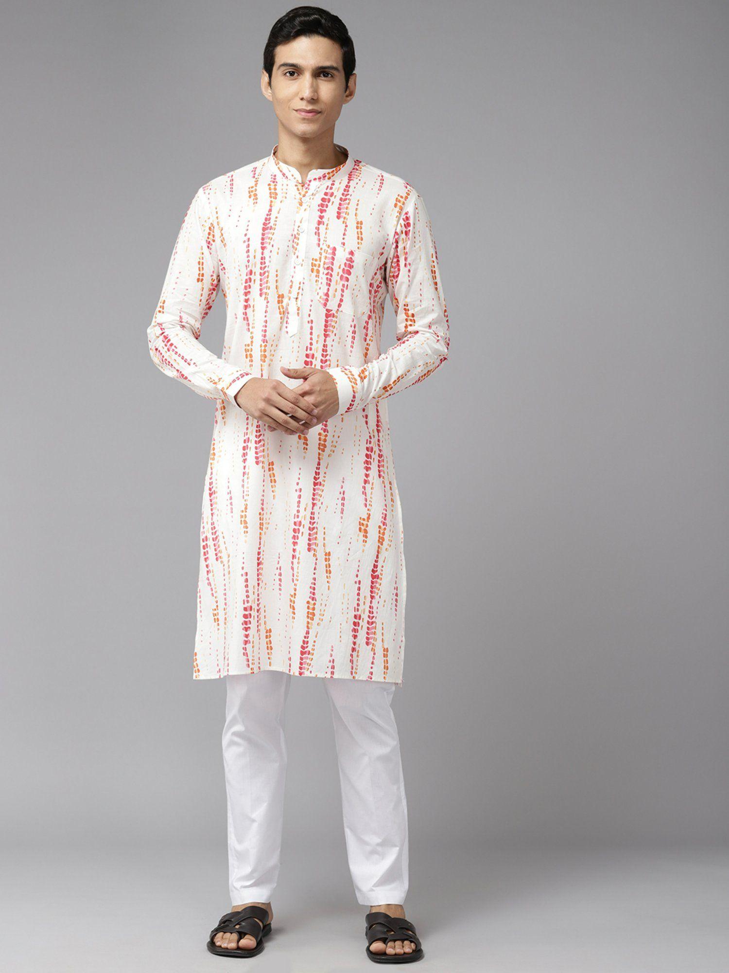 mens white & pink pure cotton printed straight kurta with pyjama (set of 2)