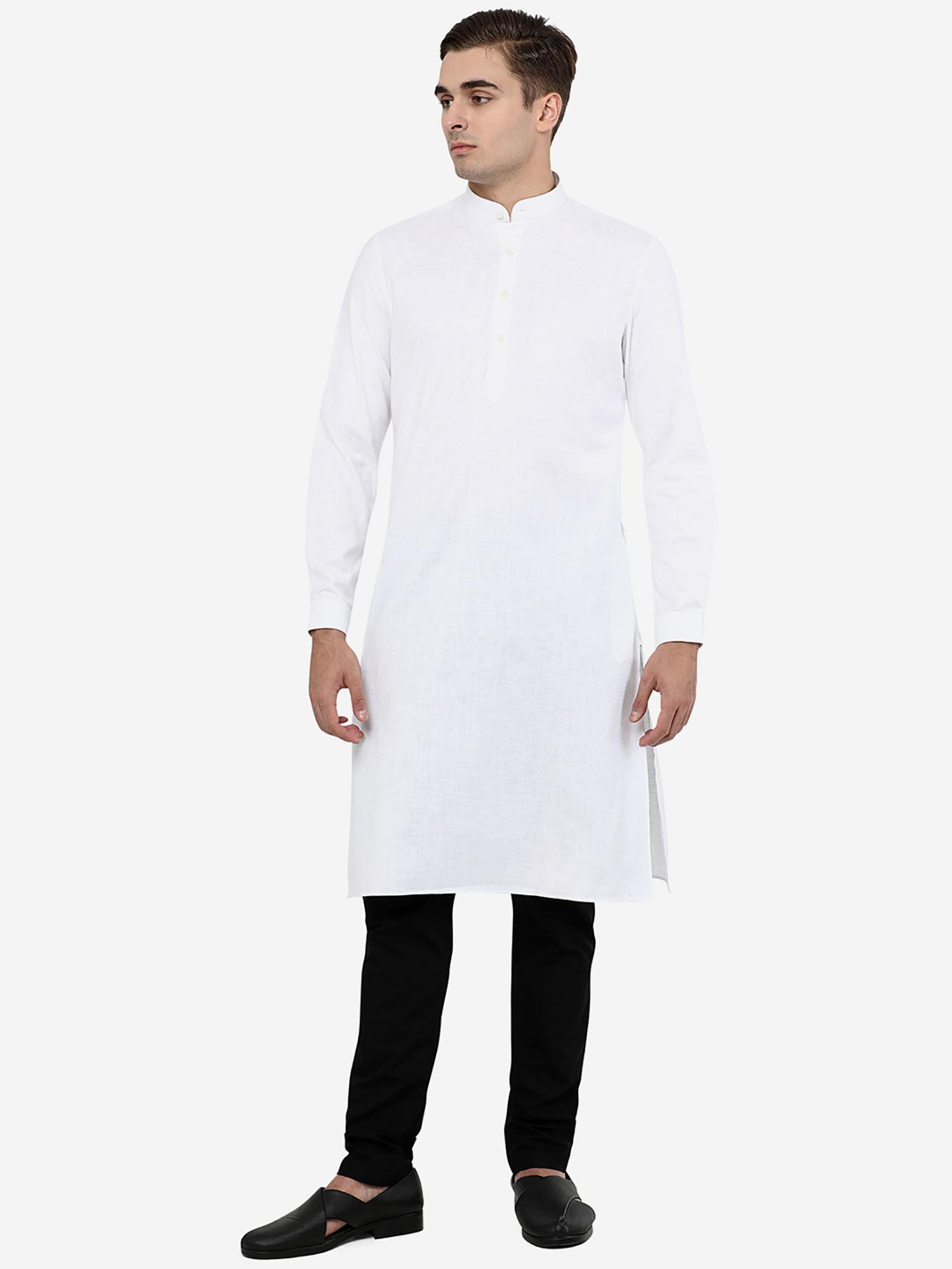 mens white 100% cotton regular fit self-textured modi kurta