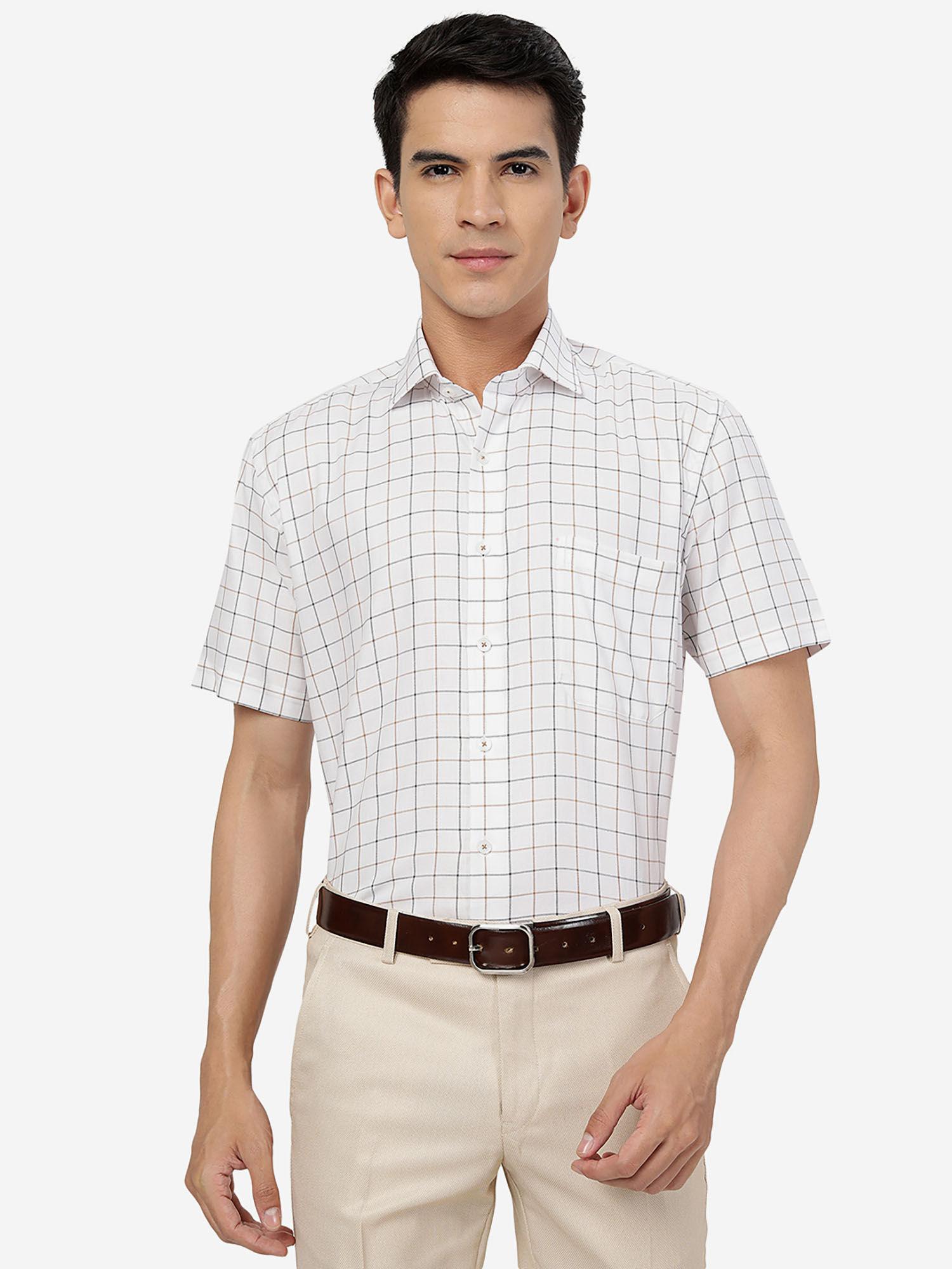mens white 100% cotton slim fit checked formal shirt half sleeve
