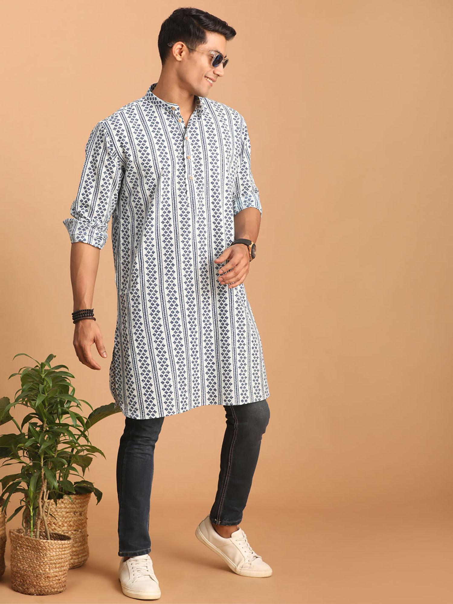 mens white and blue cotton kurta