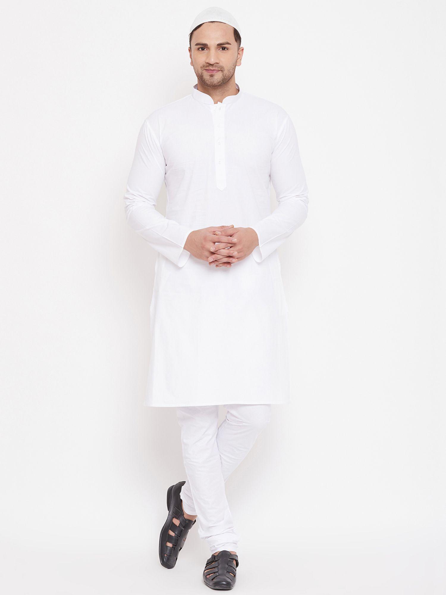 mens white cotton kurta and pyjama (set of 2)