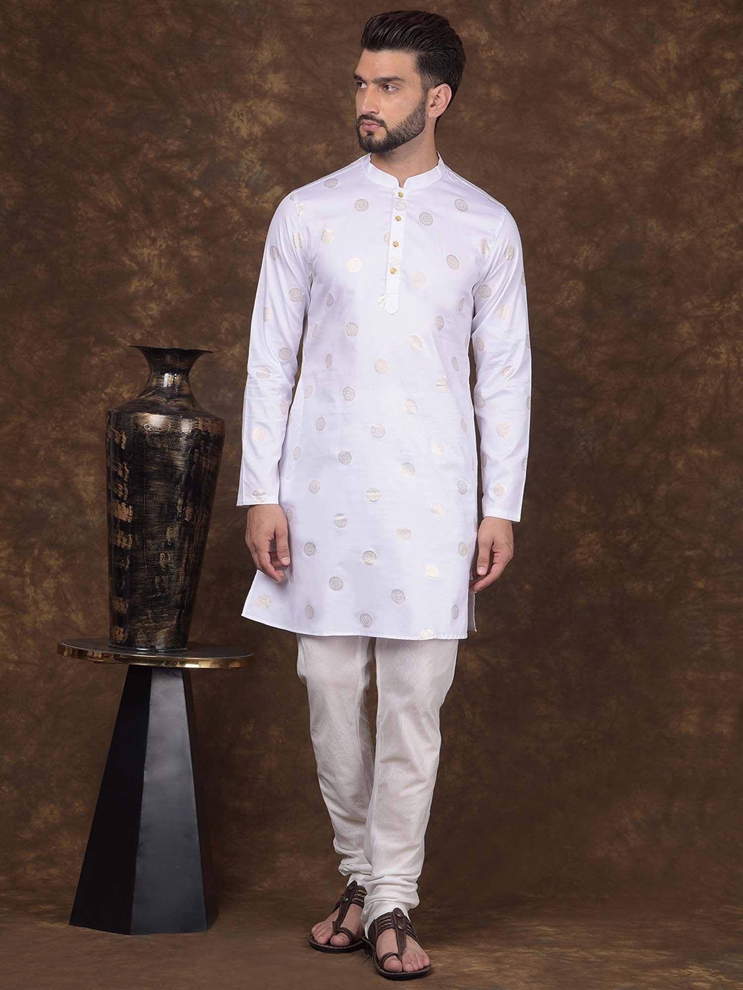 mens white cotton mandarin collar woven design kurta with churidar (set of 2)