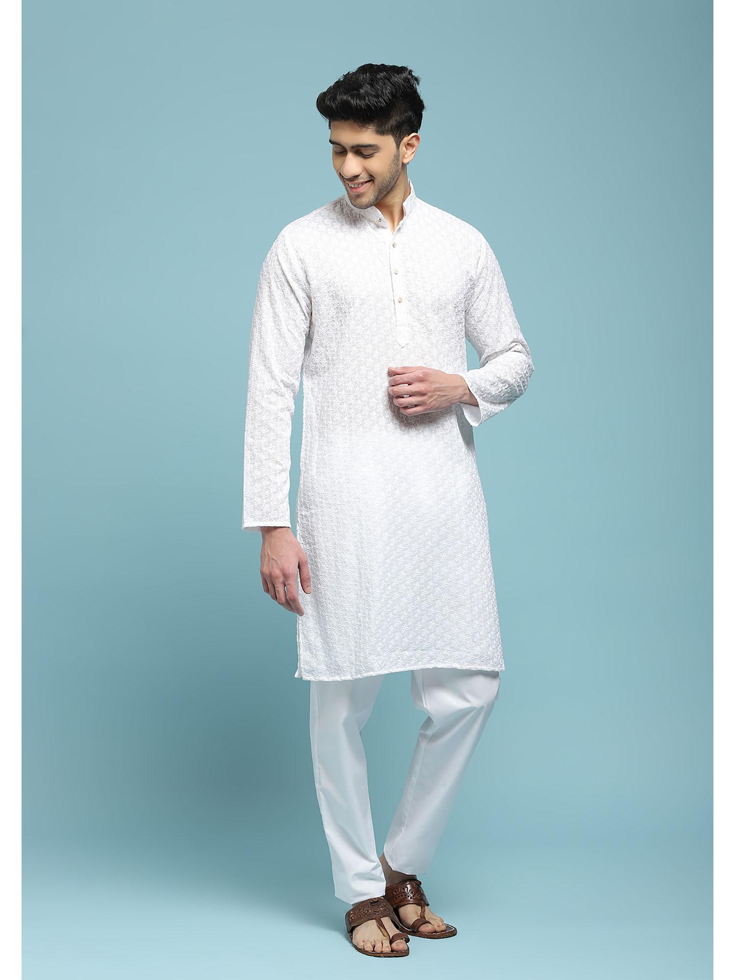 mens white cotton schiffli sequins long kurta