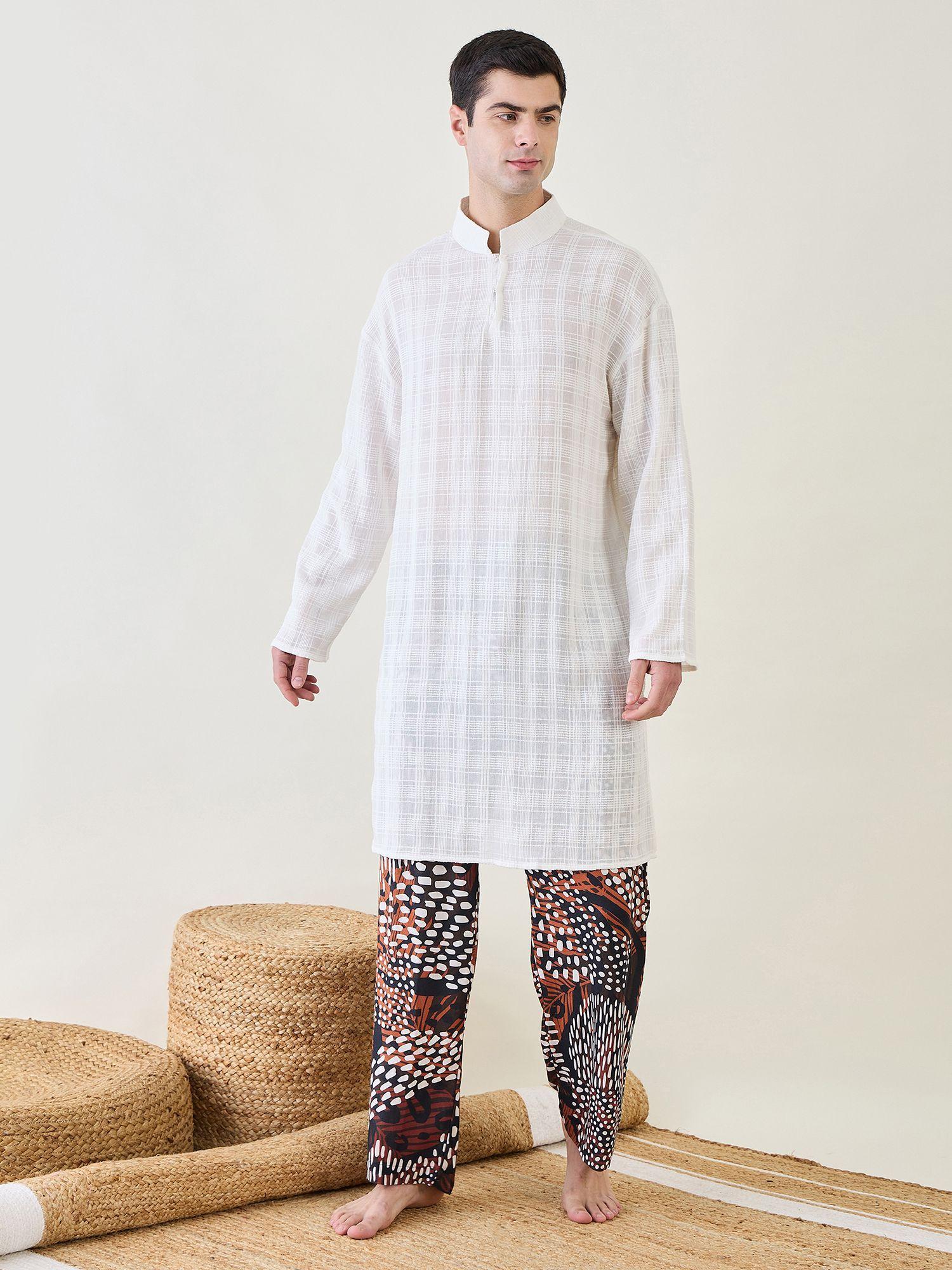 mens white kurta with animal printed pants (set of 2)