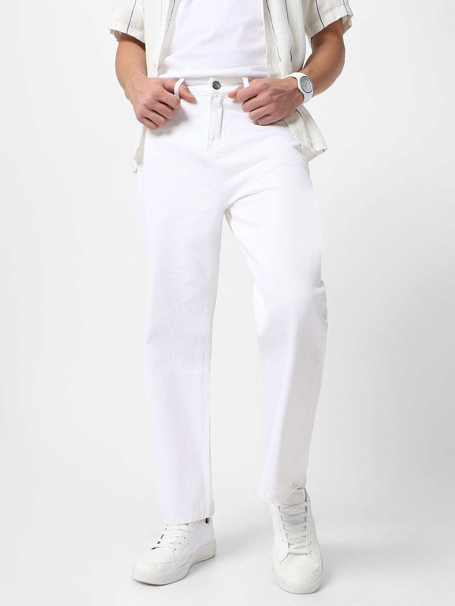 mens white loose fit washed jeans non-stretchable