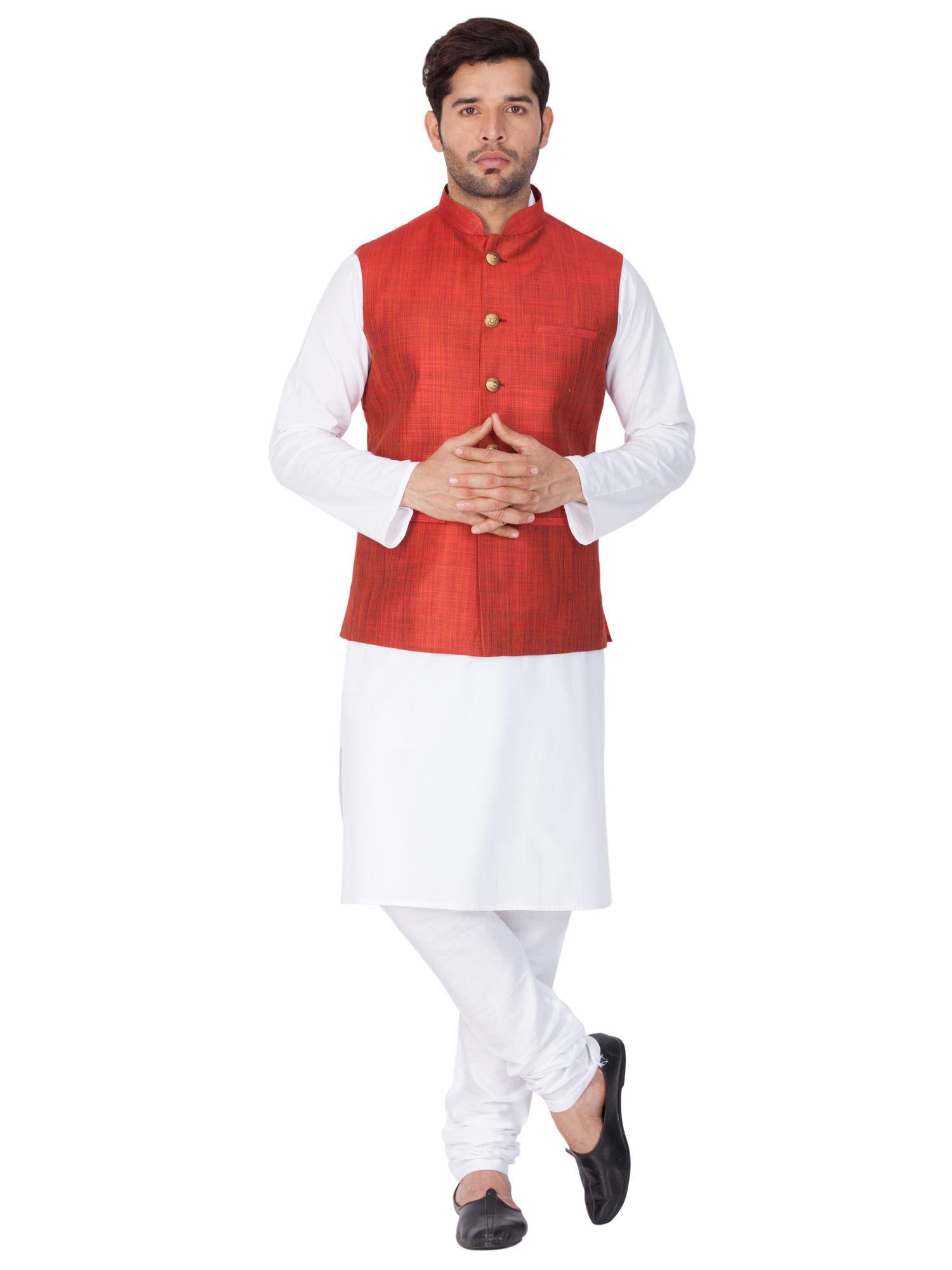 mens white pure cotton jacket, kurta and churidar (set of 3)