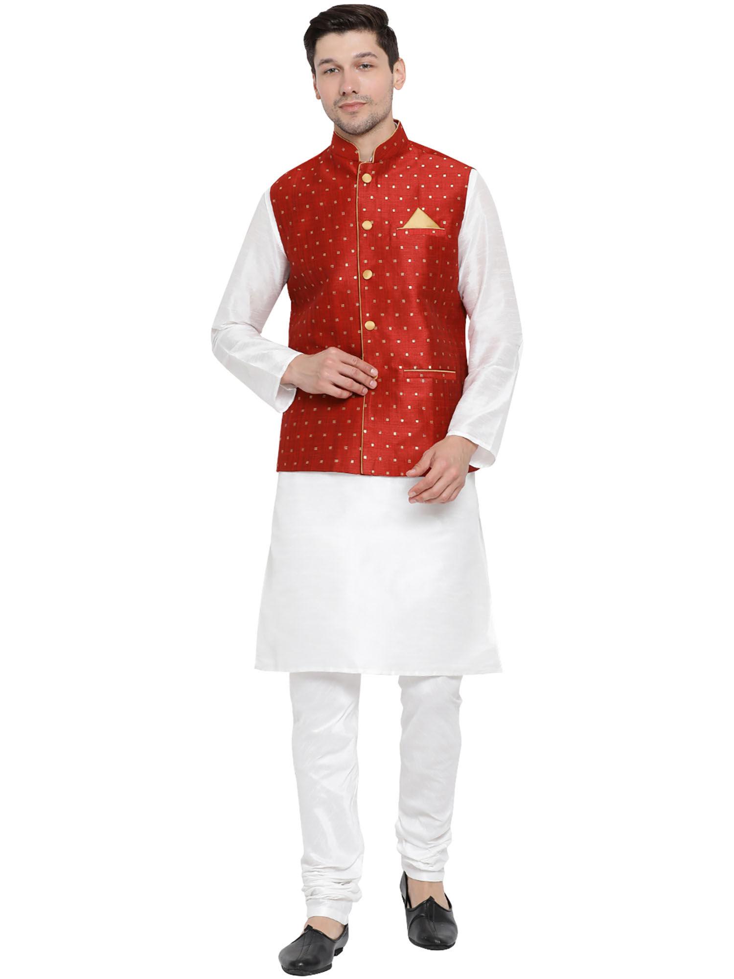mens white silk blend jacket, kurta and pyjama (set of 3)