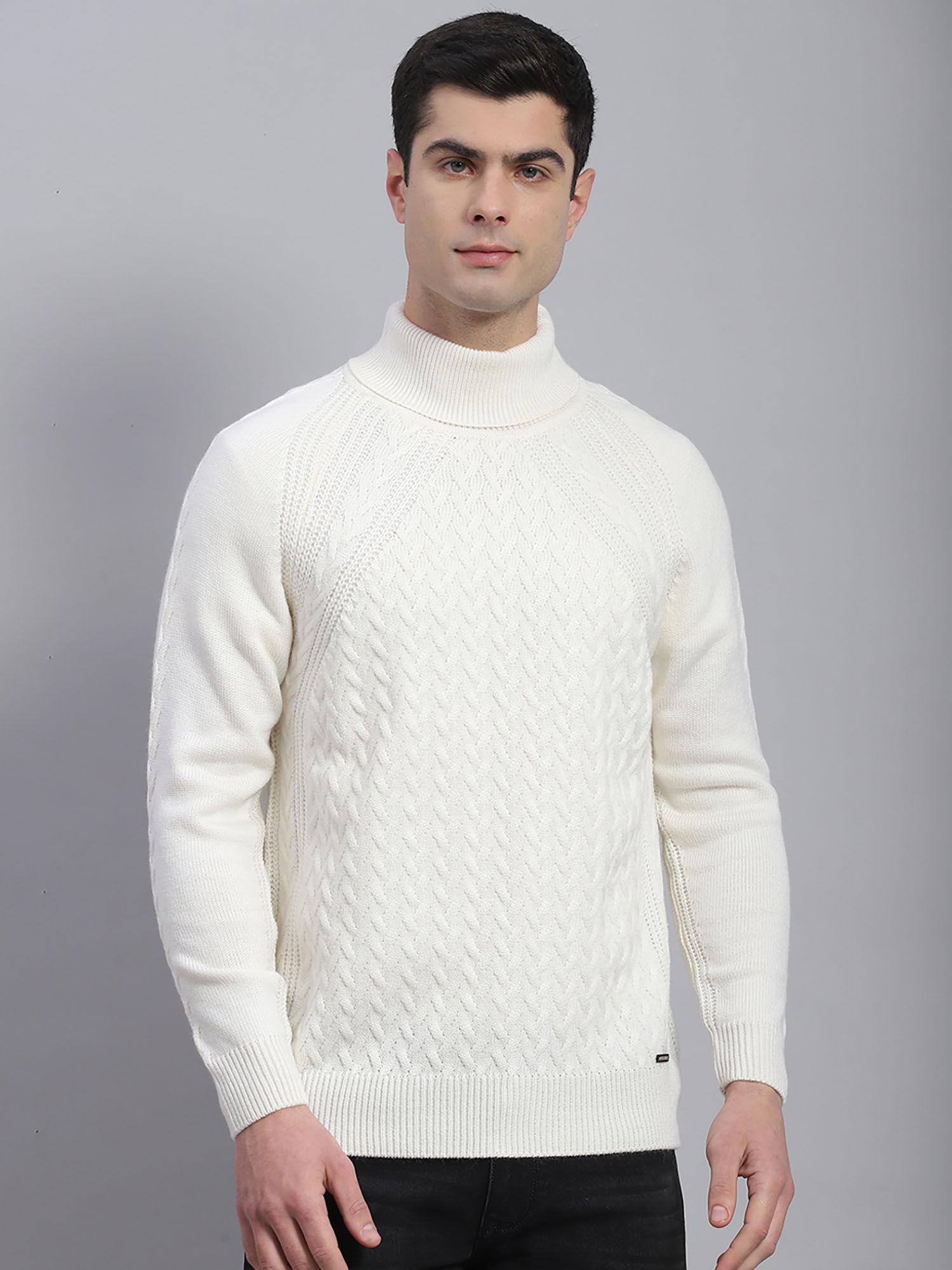 mens white solid high neck full sleeve pull over sweater