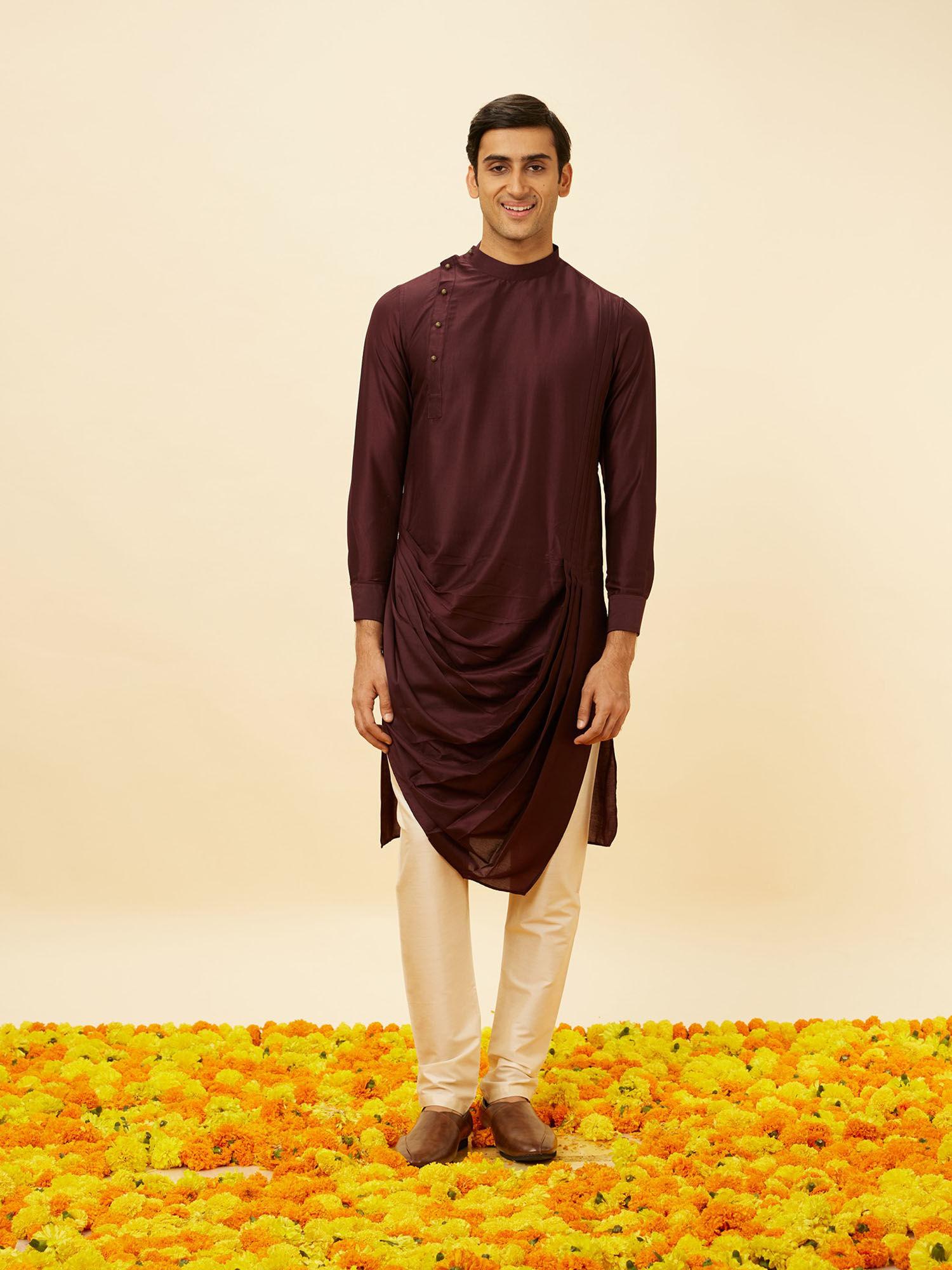 mens wine art silk kurta pyjama (set of 2)