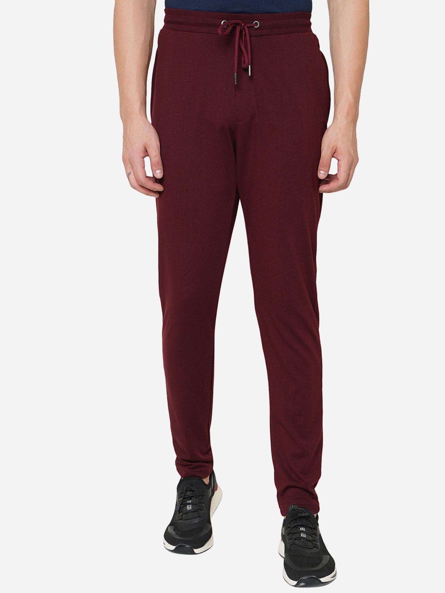 mens wine cotton blend slim fit solid track pant