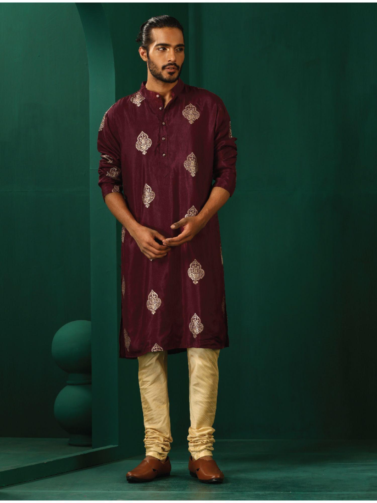 mens wine printed viscose silk zari long kurta