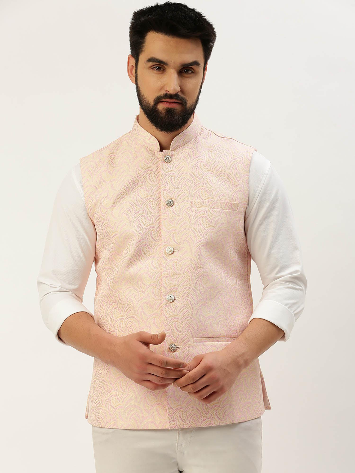mens woven design mandarin collar pink slim fit nehru jacket