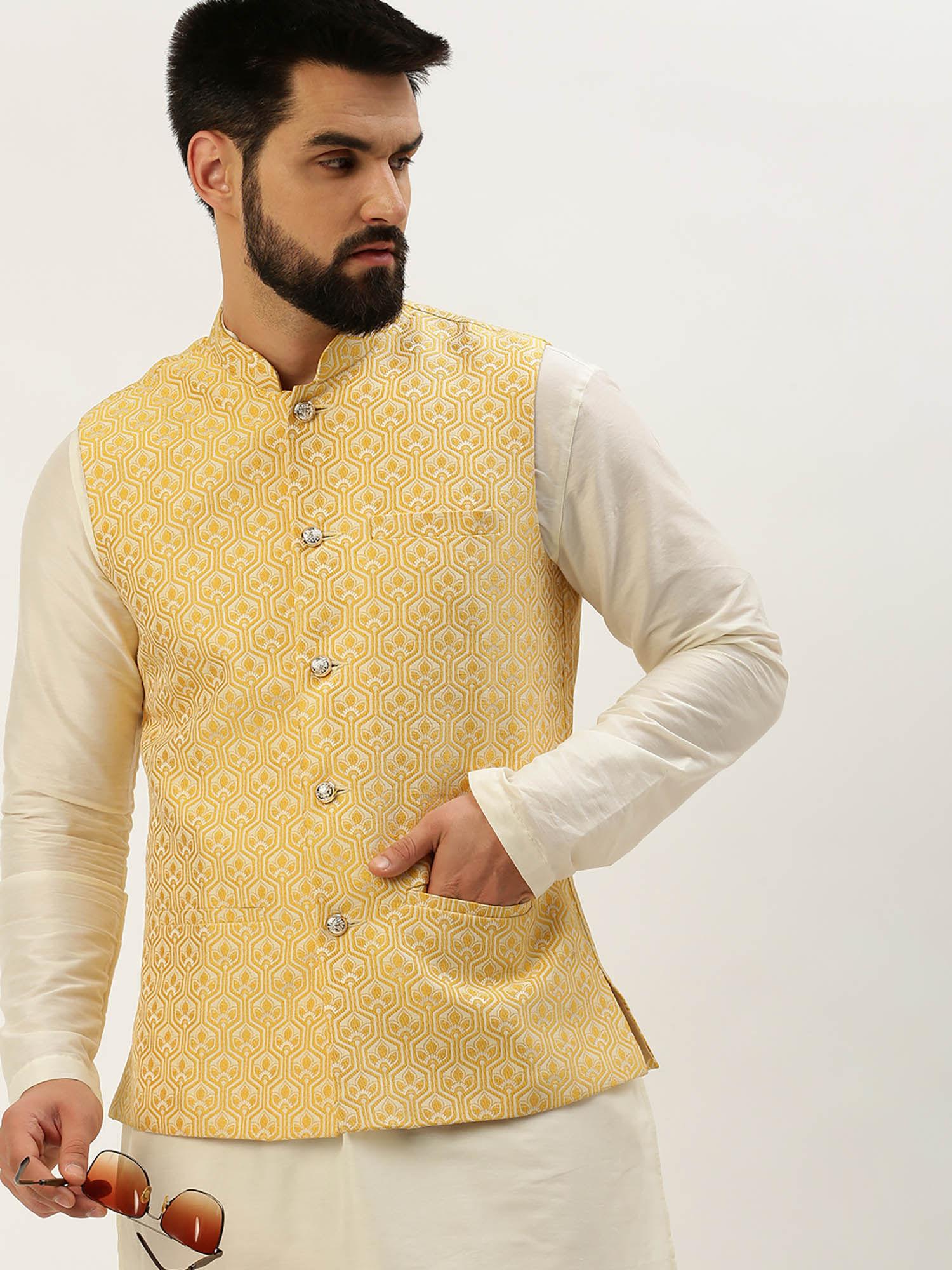 mens woven design mandarin collar yellow slim fit nehru jacket