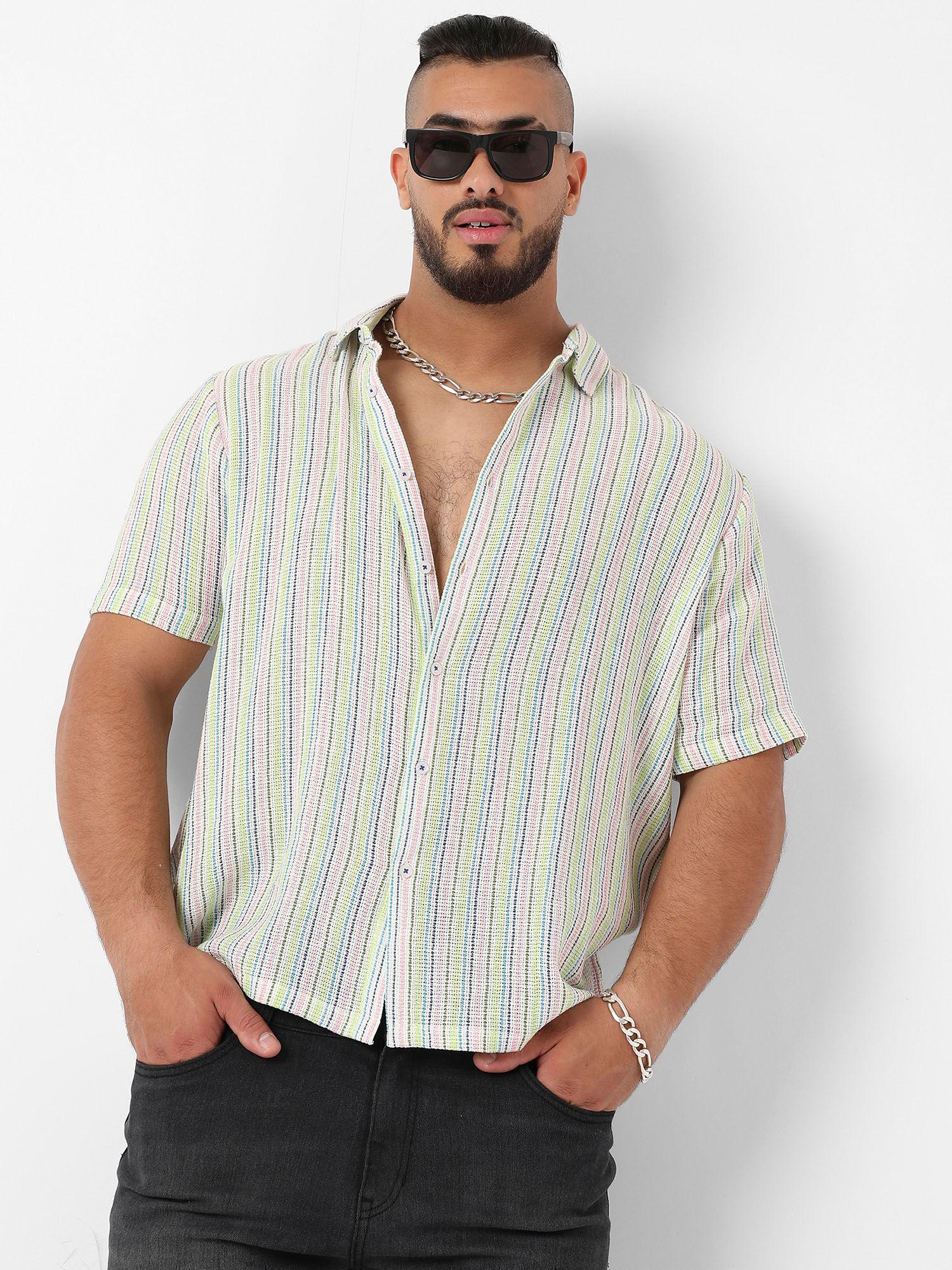 mens yellow & pink unbalanced striped woven shirt