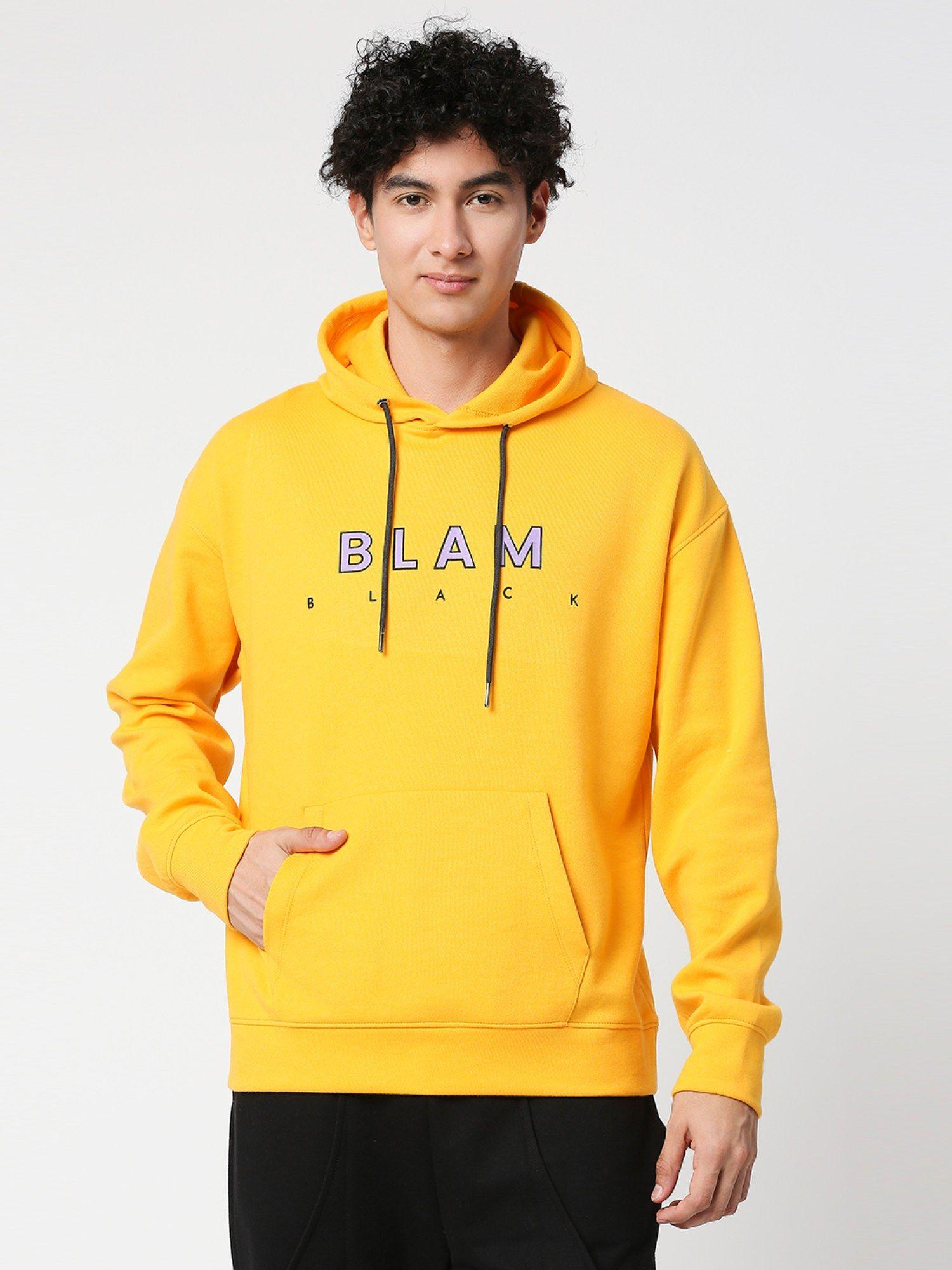 mens yellow colour chest print full sleeves hoodie