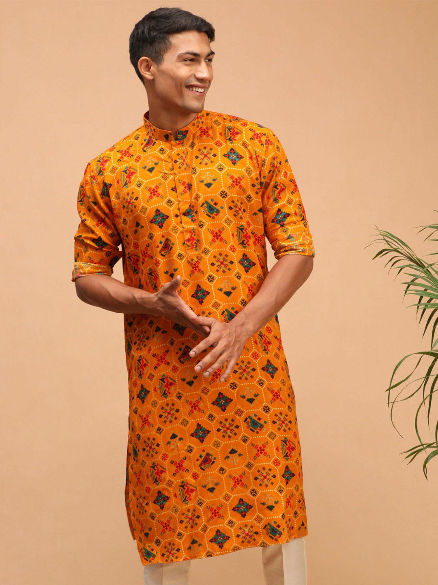 mens yellow cotton blend kurta