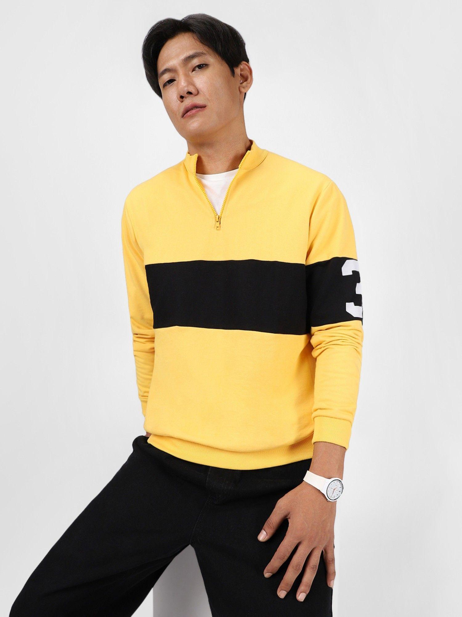 mens yellow cotton color block round neck sweatshirt