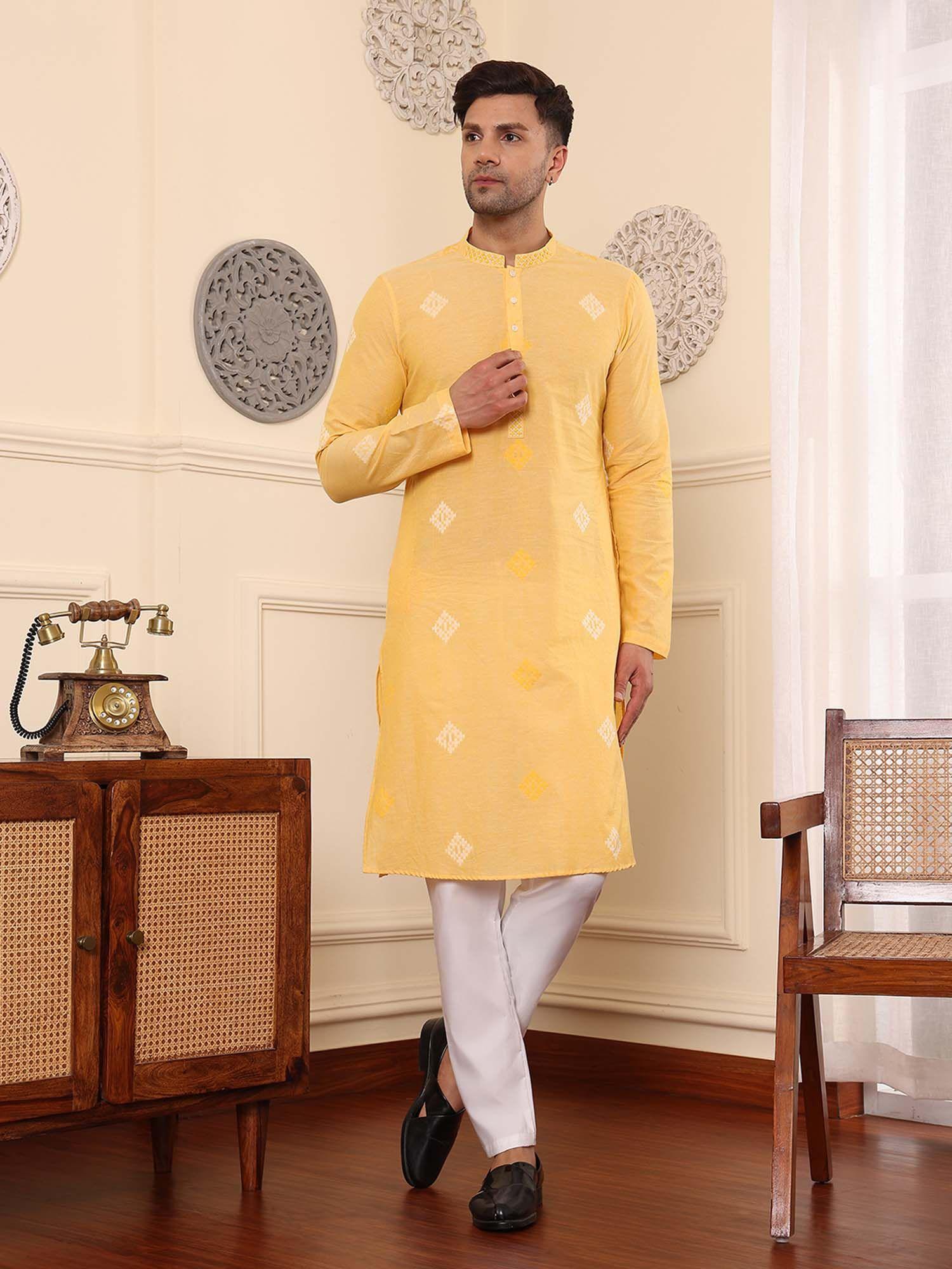 mens yellow cotton jacquard mandarin collar woven design kurta with pants (set of 2)