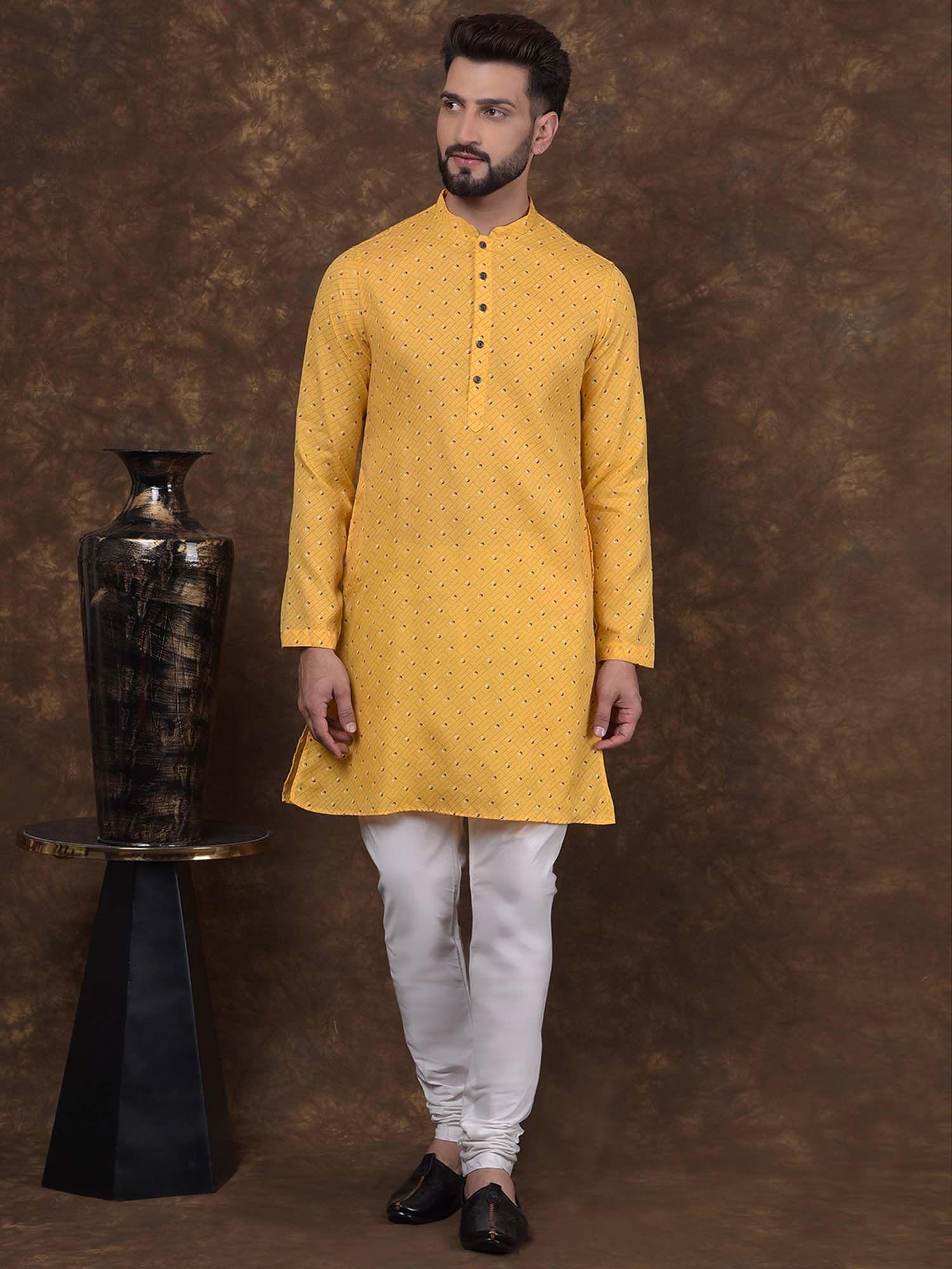 mens yellow cotton printed mandarin collar kurta with churidar (set of 2)